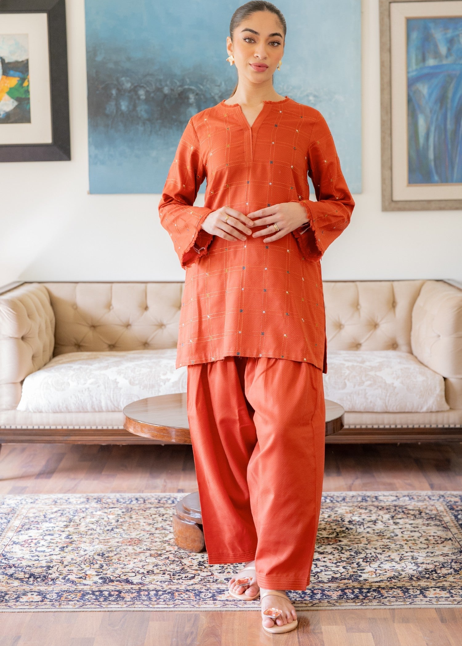 dobby Kurta Set in Pumpkin orange