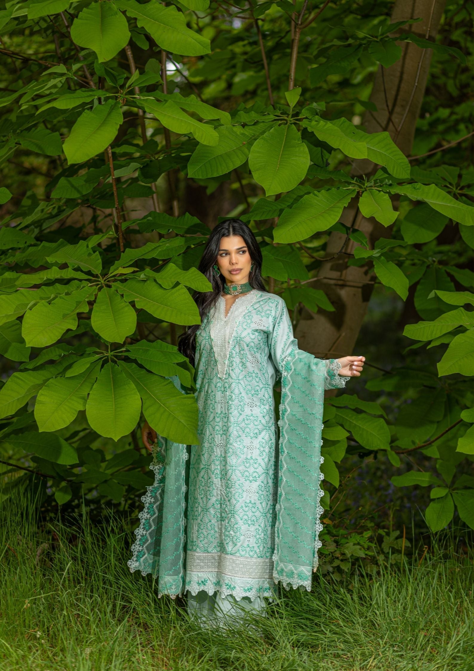 lawn cotton Kurta Set in Moss green