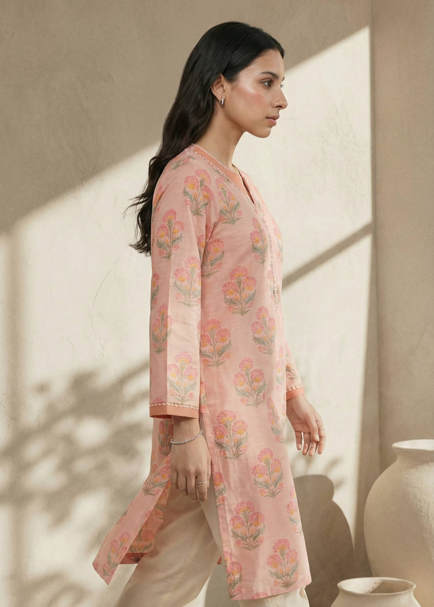 textured lawn Kurti in Pink