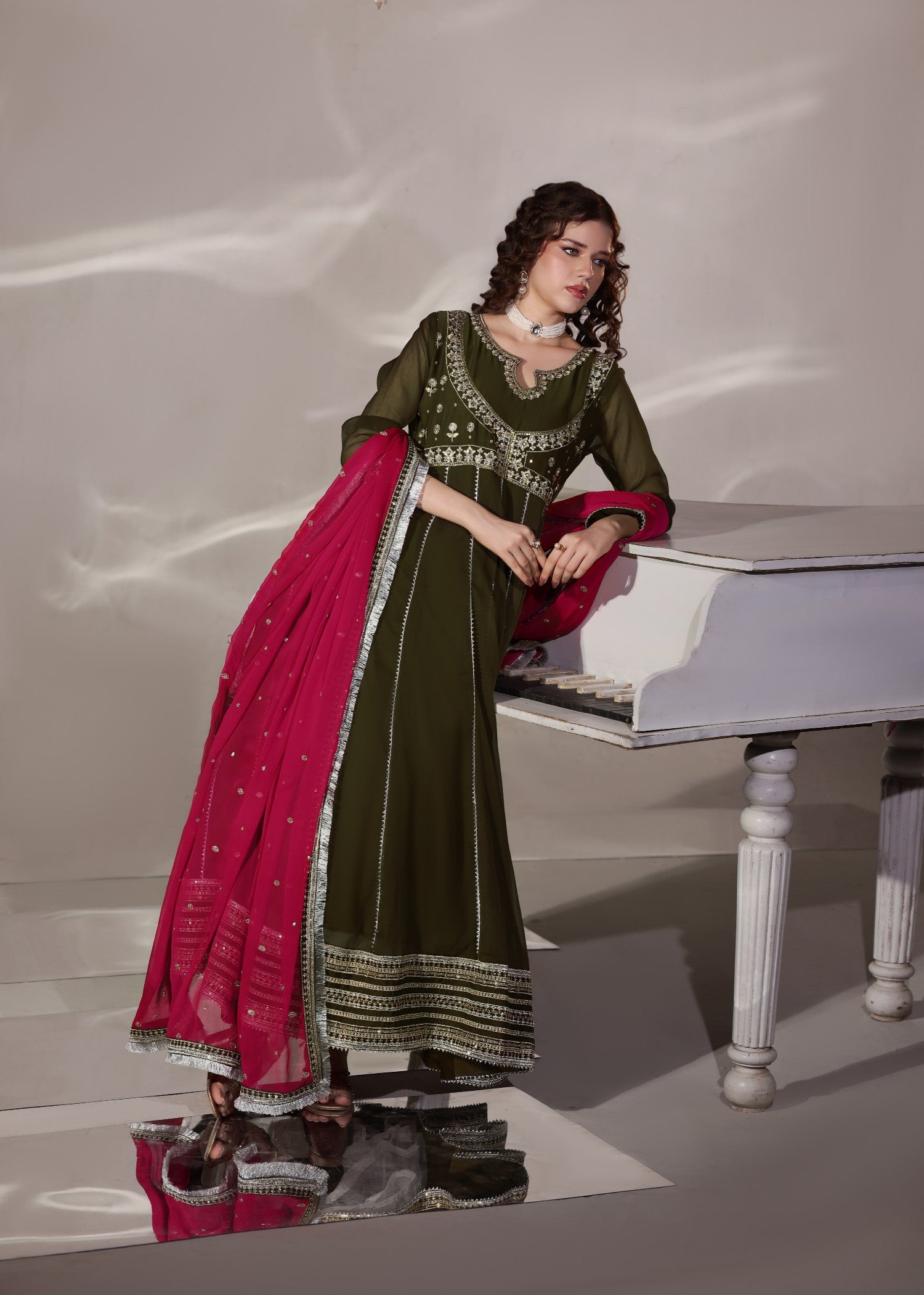 chiffon Pishwas in Olive green