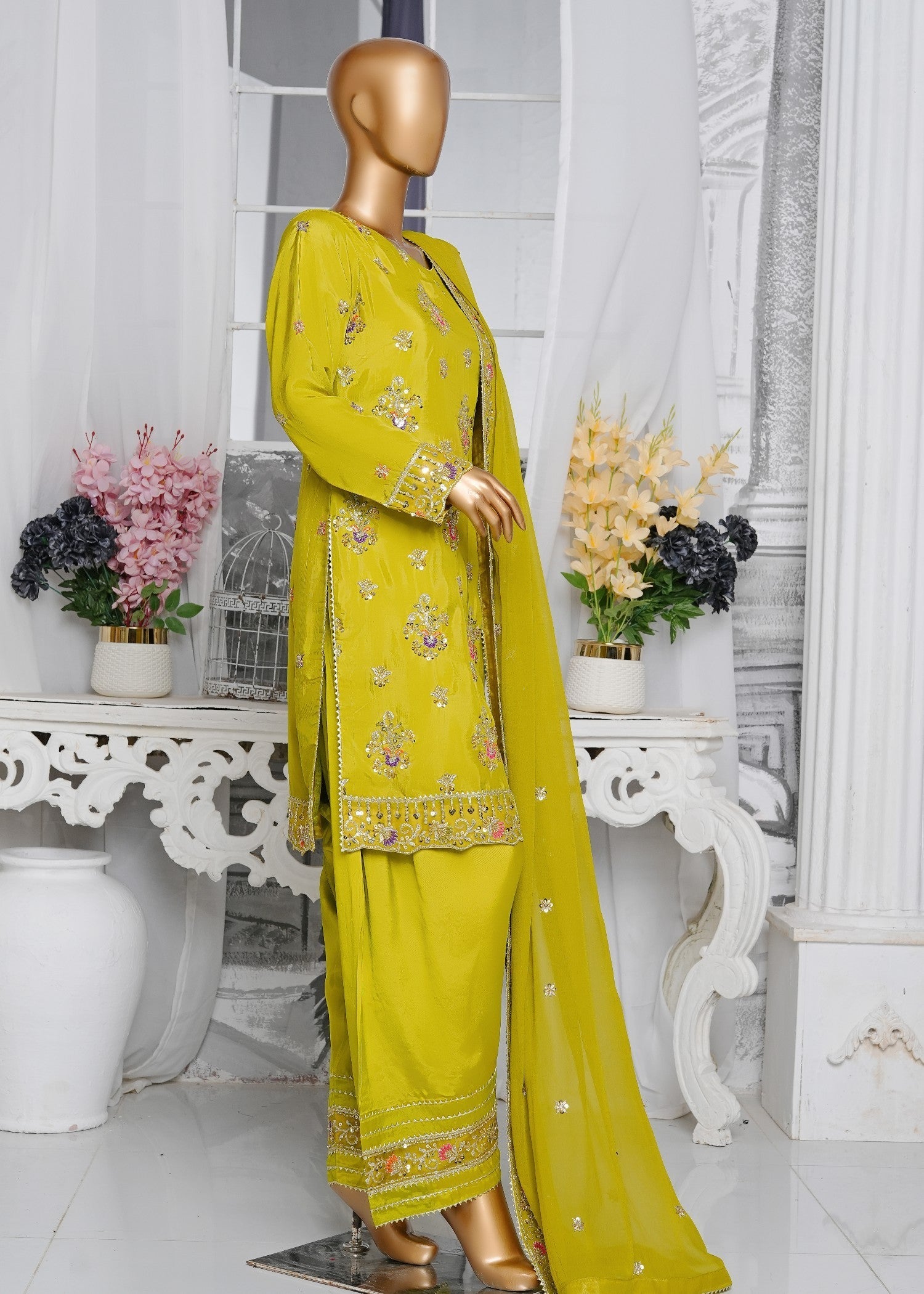 silk crepe Kurta Set in Yellow green