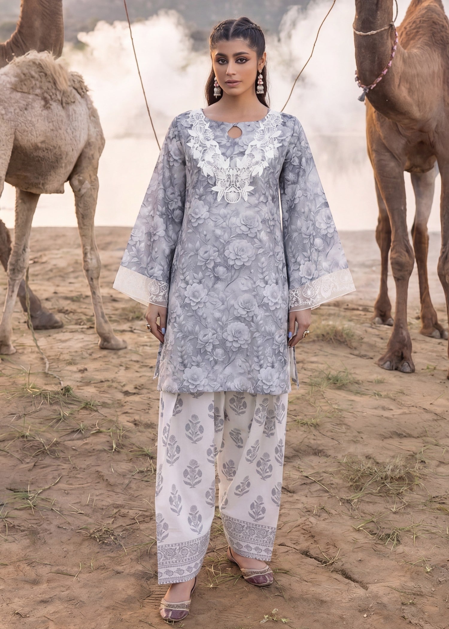 cotton jacquard Kurta Set in Dark grey
