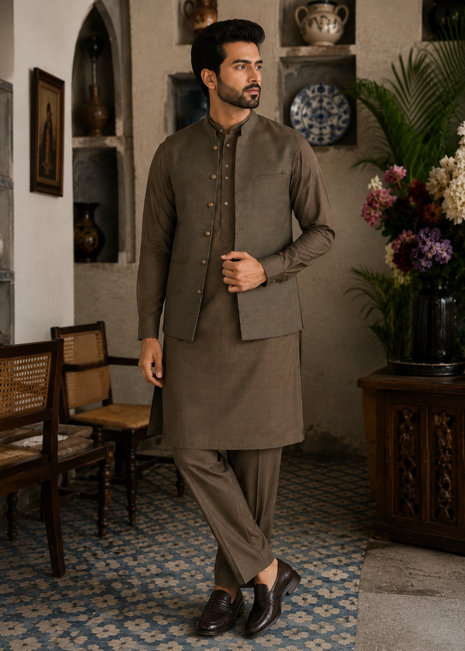 textured wash & wear Waistcoat in Olive green