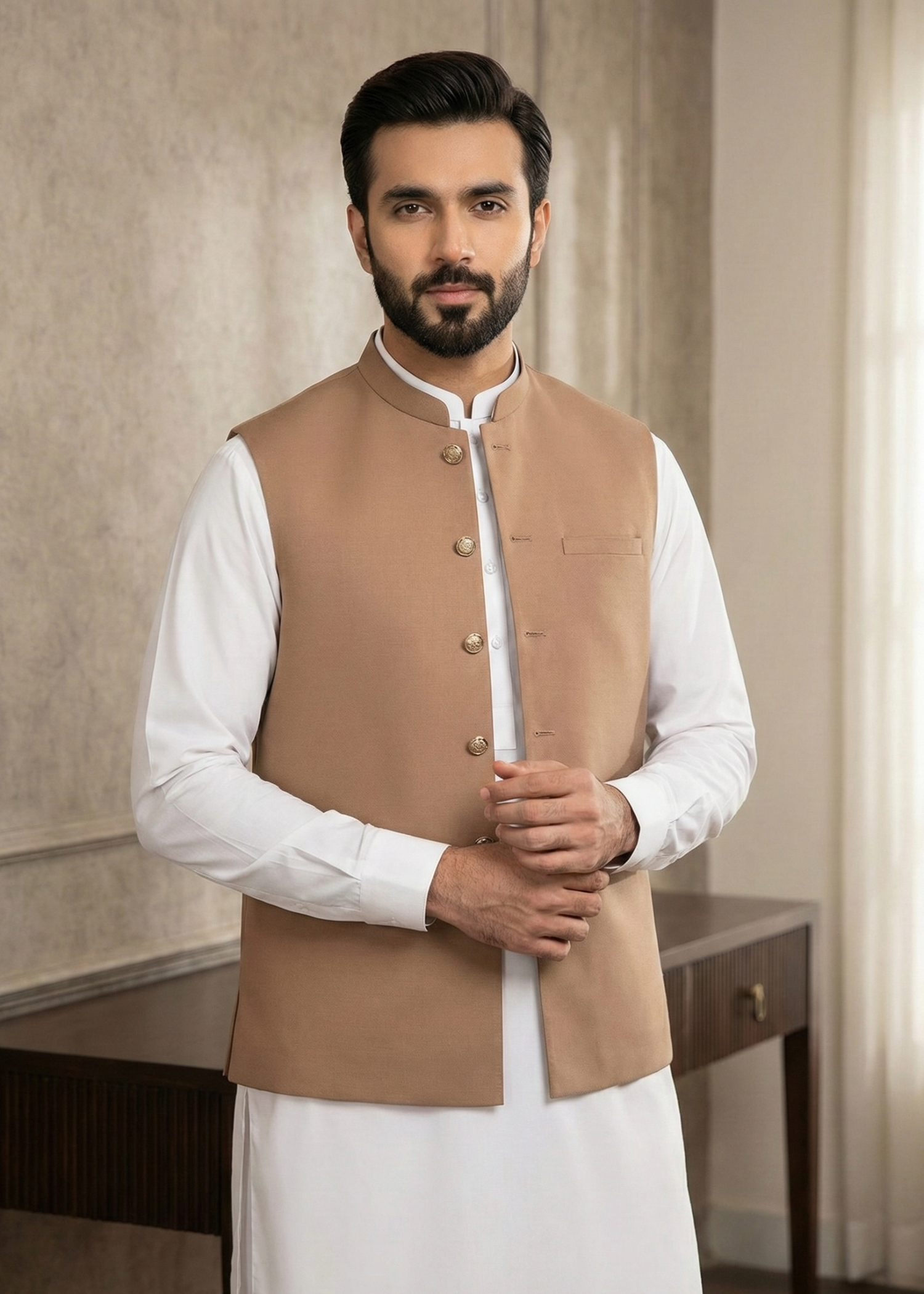 wash & wear Waistcoat in Sand brown