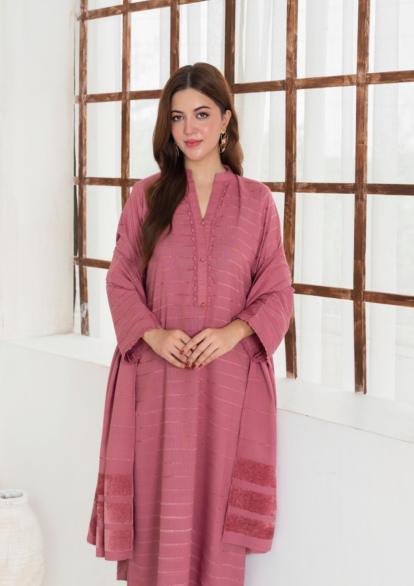 dhanak wool Kurta Set in Tea rose pink