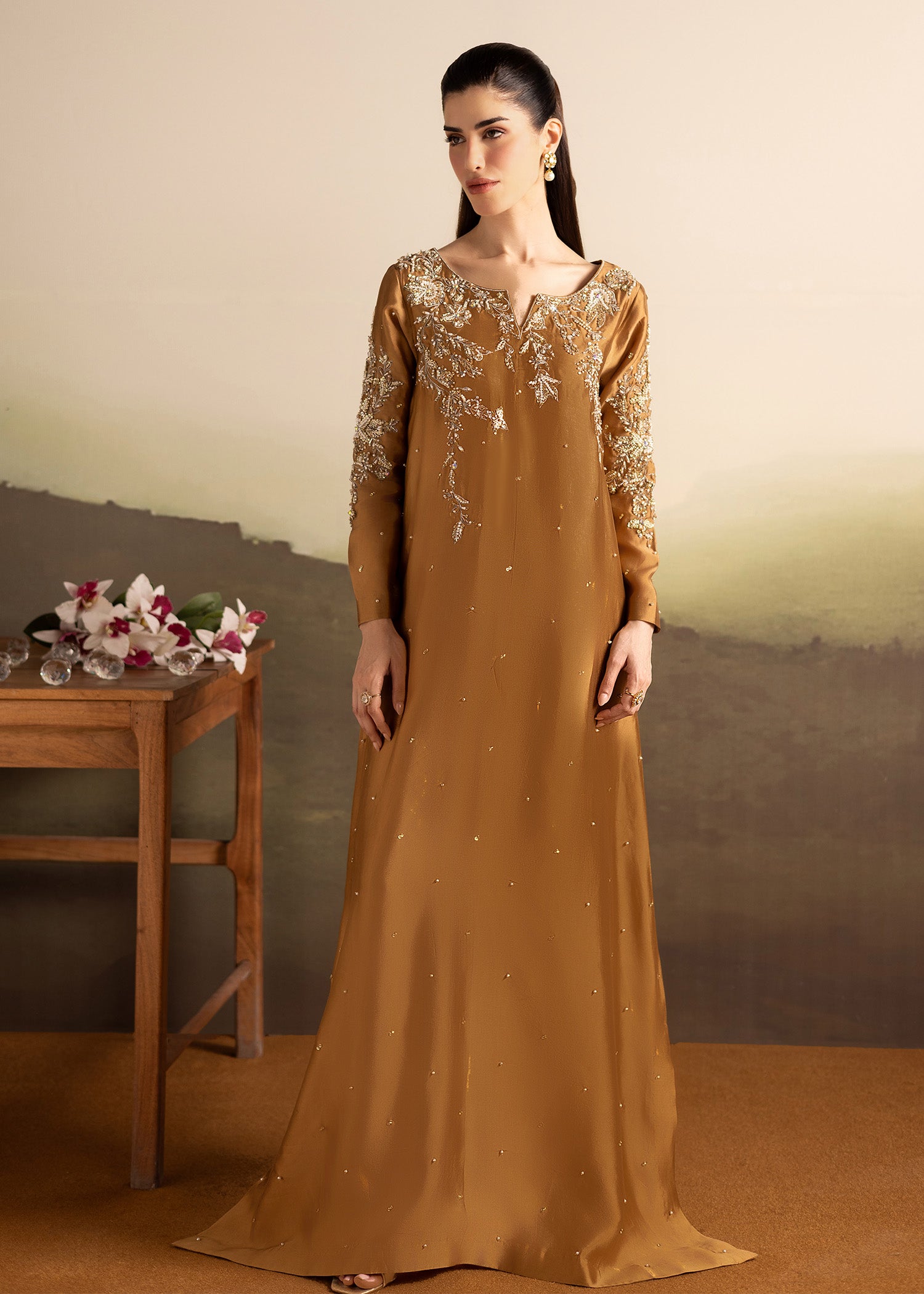 tussar silk Kaftan in Caramel brown