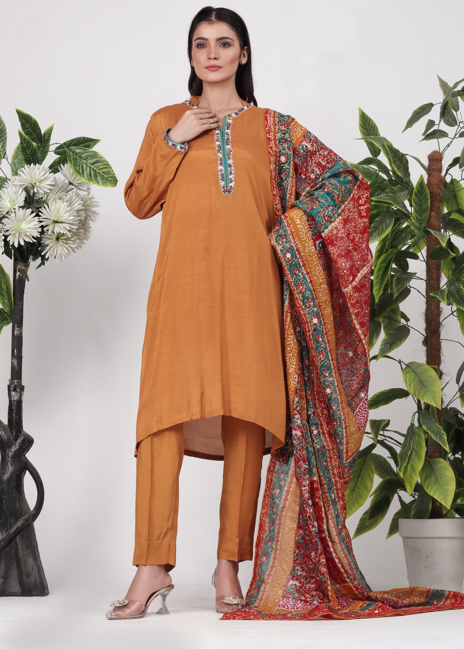 raw silk Kurta Set in Bright orange