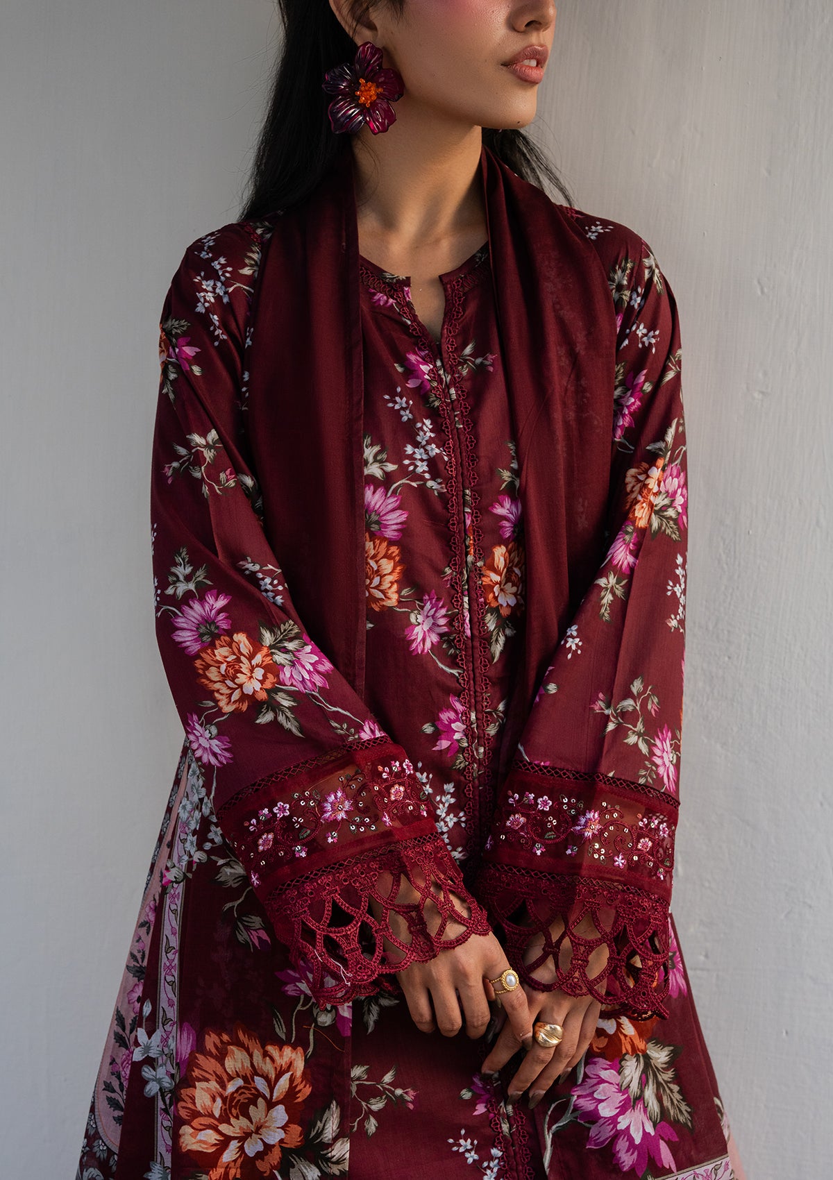 lawn Kurta Set in Blood red