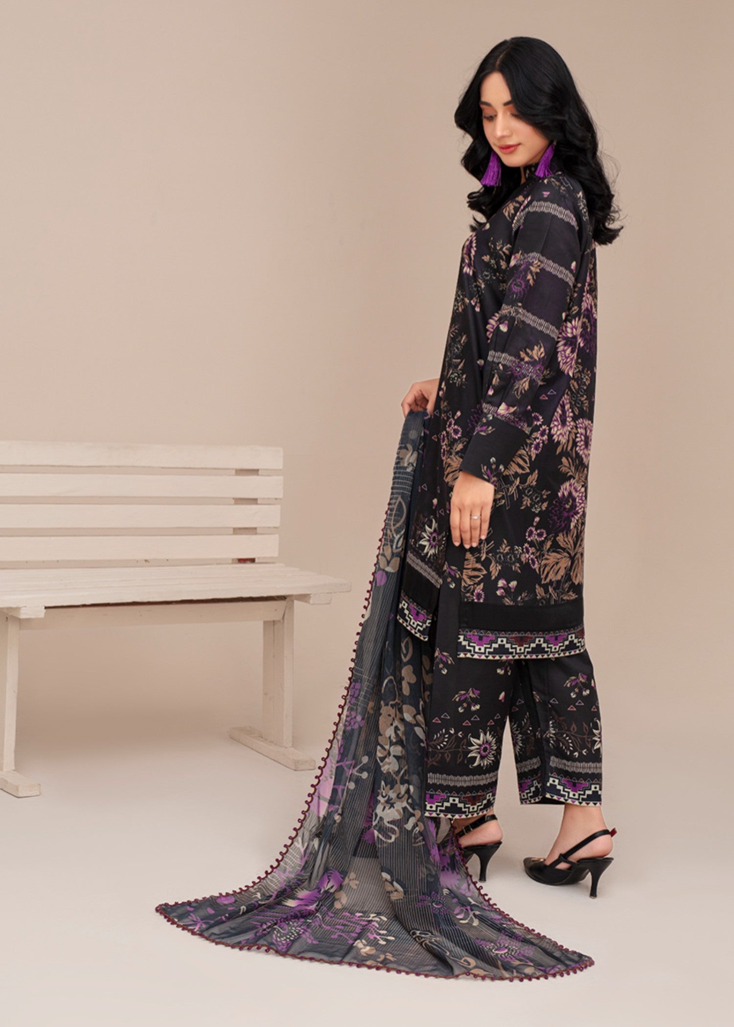 poly lawn Kurta Set in Charcoal black