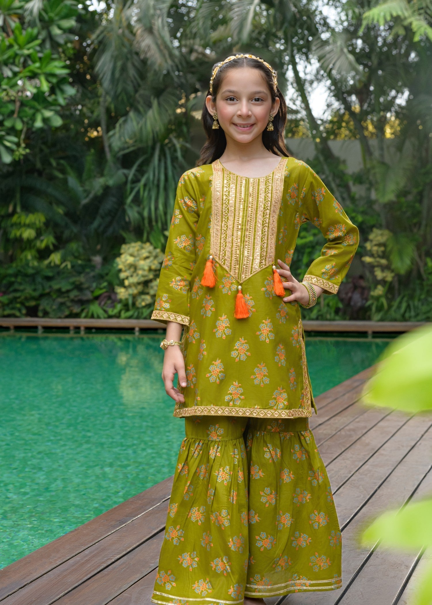 lawn Gharara in Olive green
