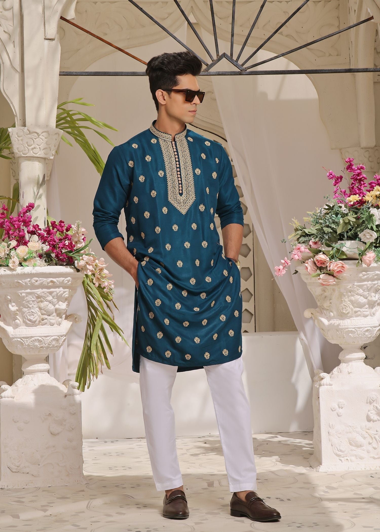 raw silk Kurta Set in Teal by The Great Masters (TGM)