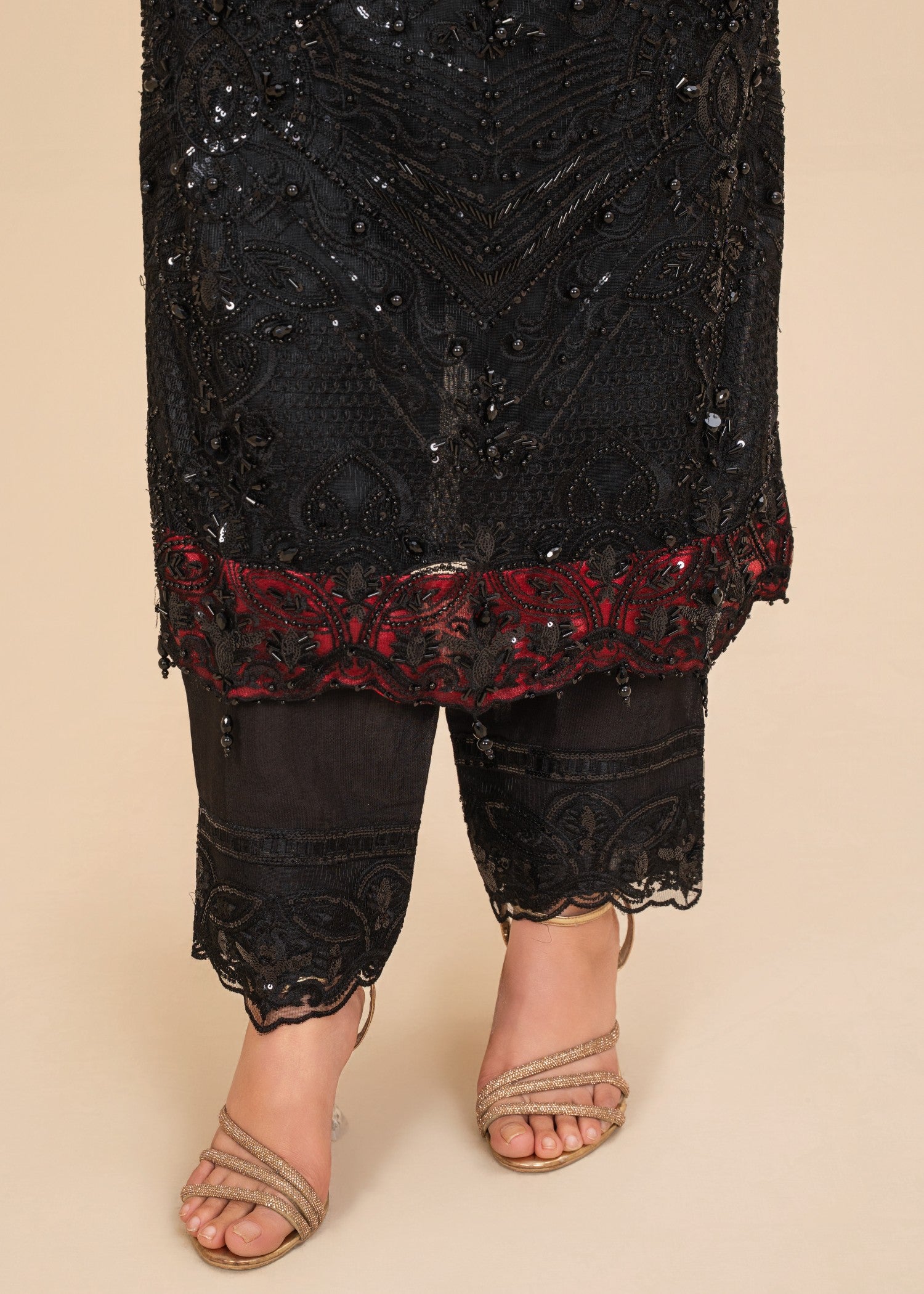 polyester net Kurta Set in Jet black