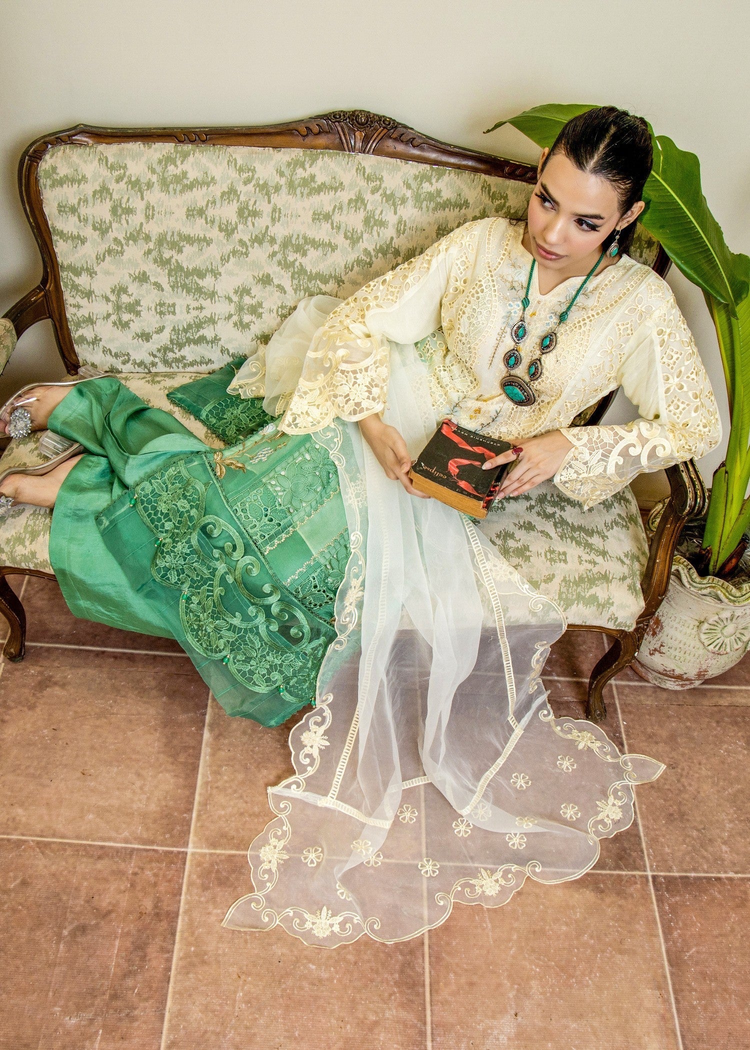 chiffon Kurta Set in Jade green, ivory