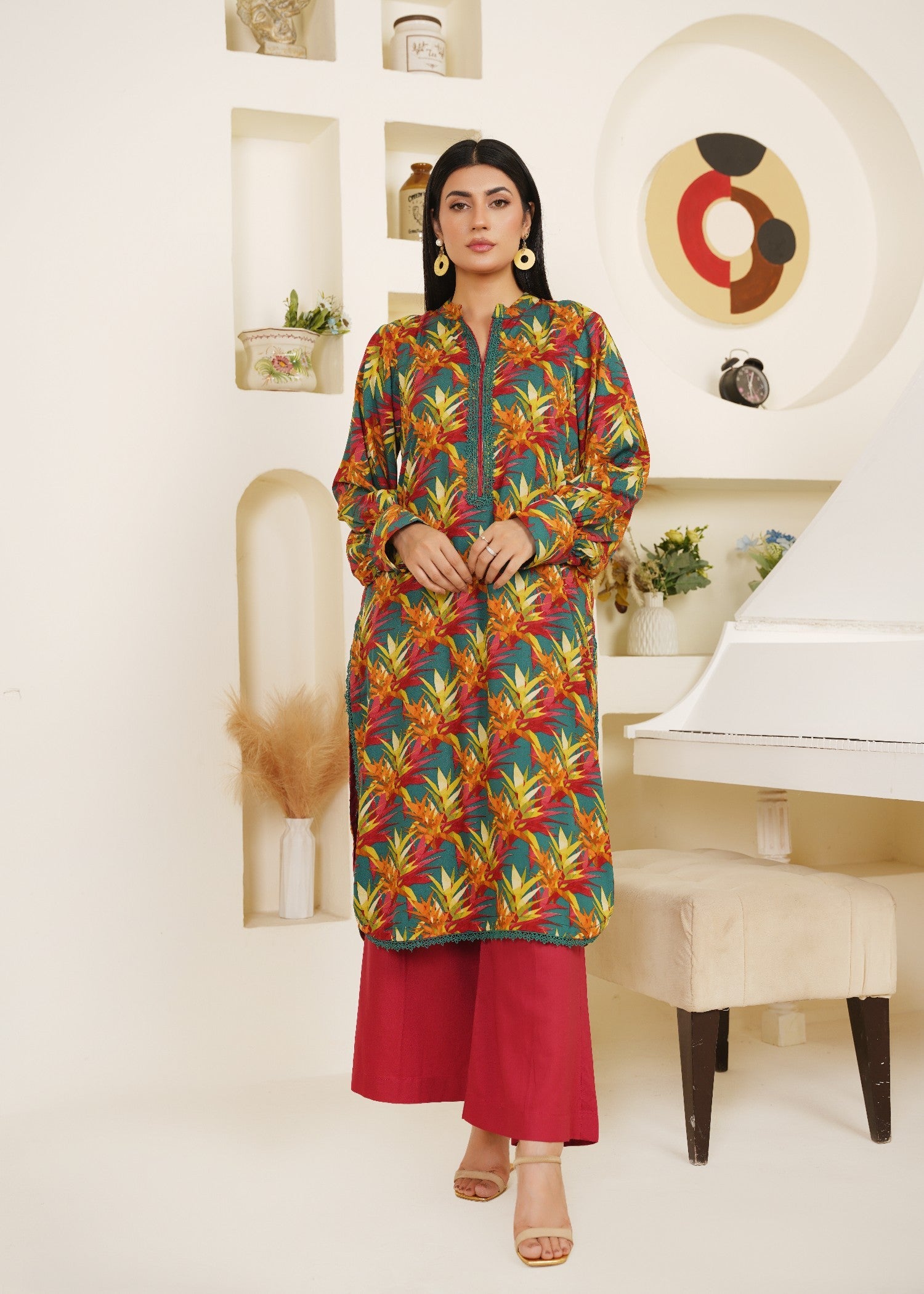 linen Kurta Set in Sea green, multi, amaranth