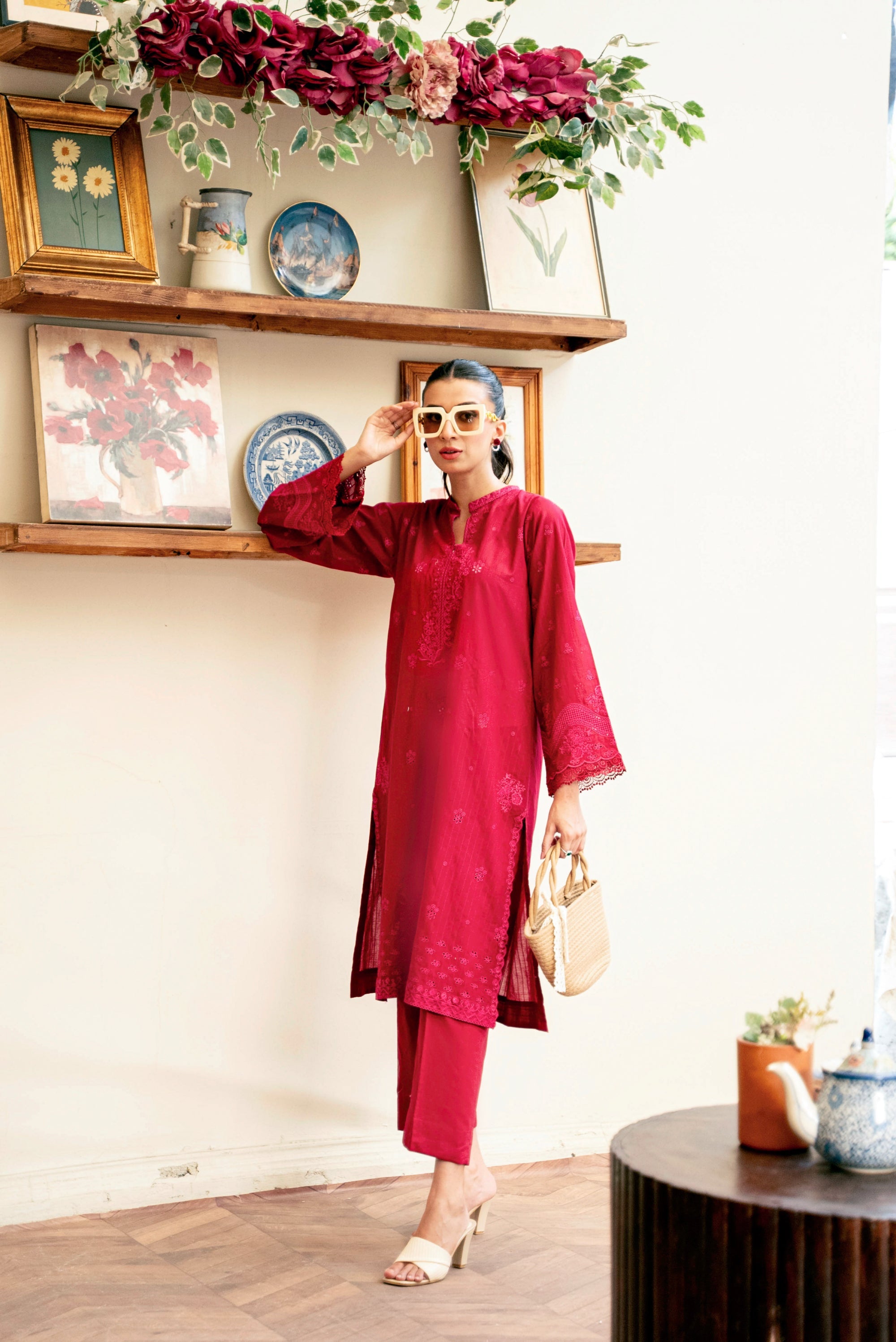 lawn Kurta Set in Red
