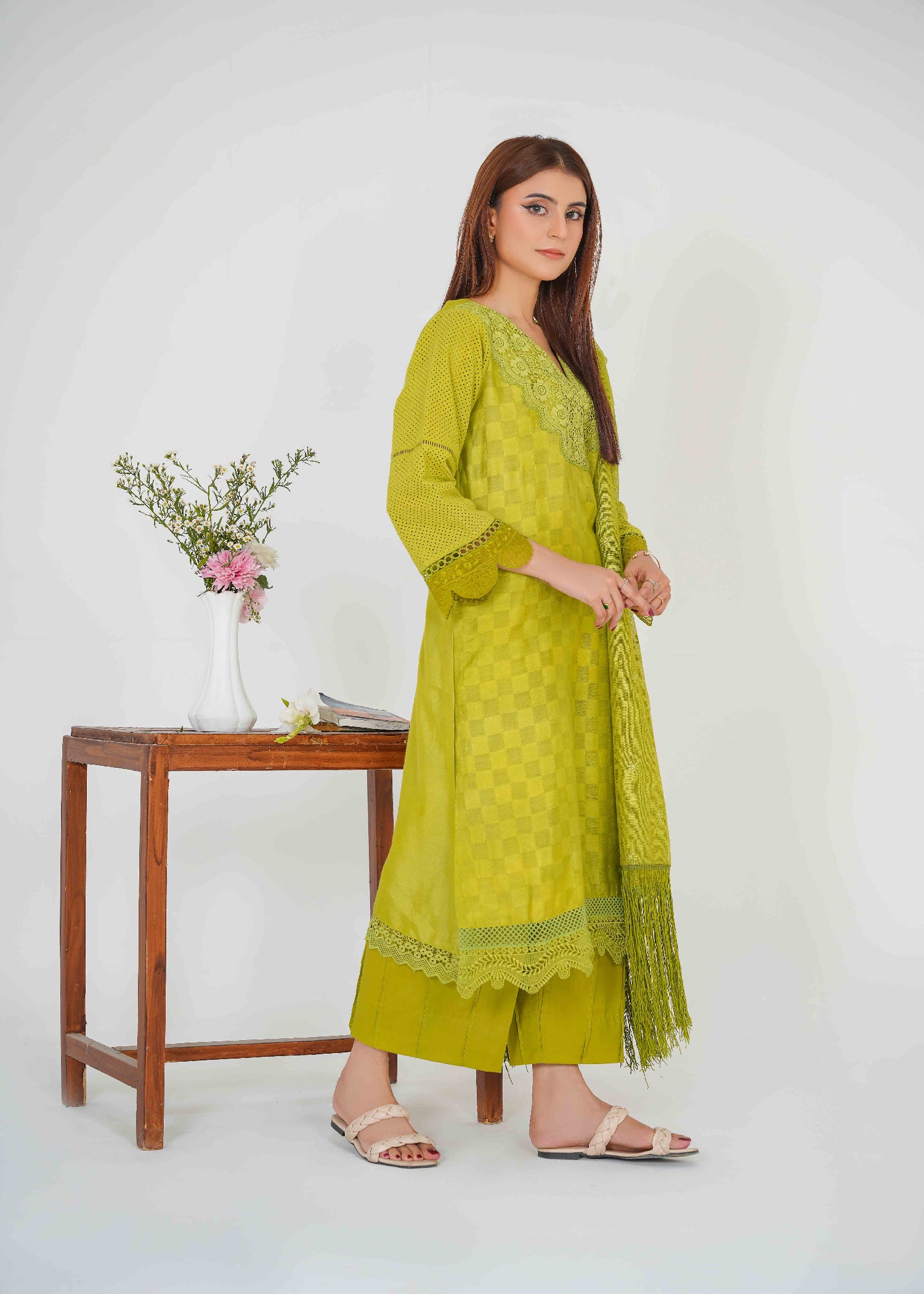 cotton silk Kurta Set in Apple green