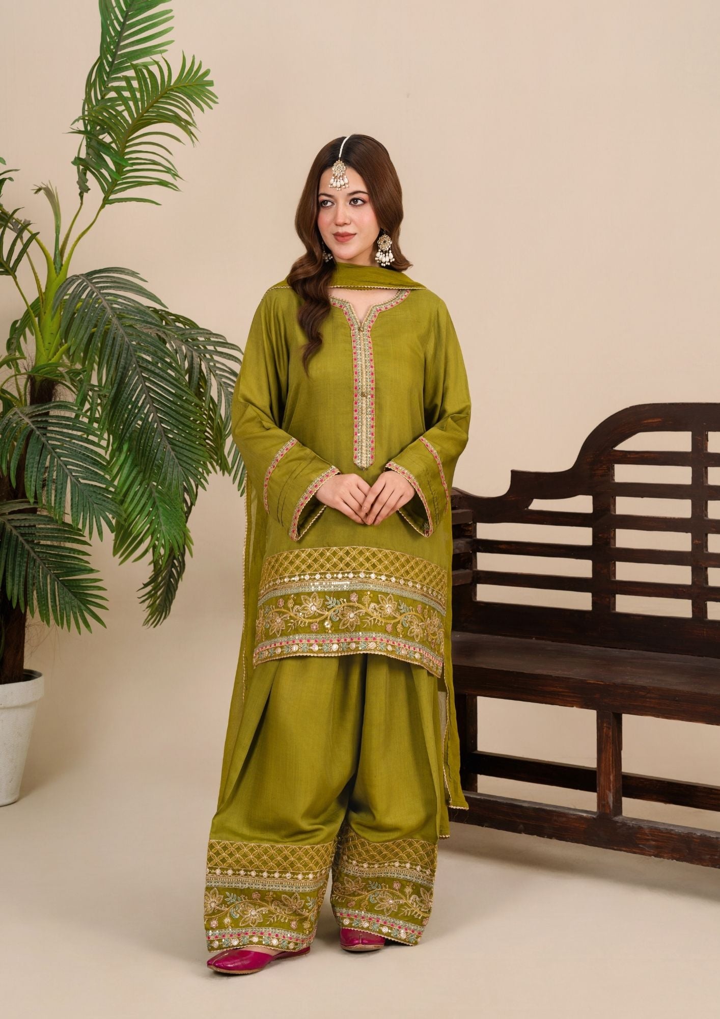 viscose thai silk Kurta Set in Avocado green