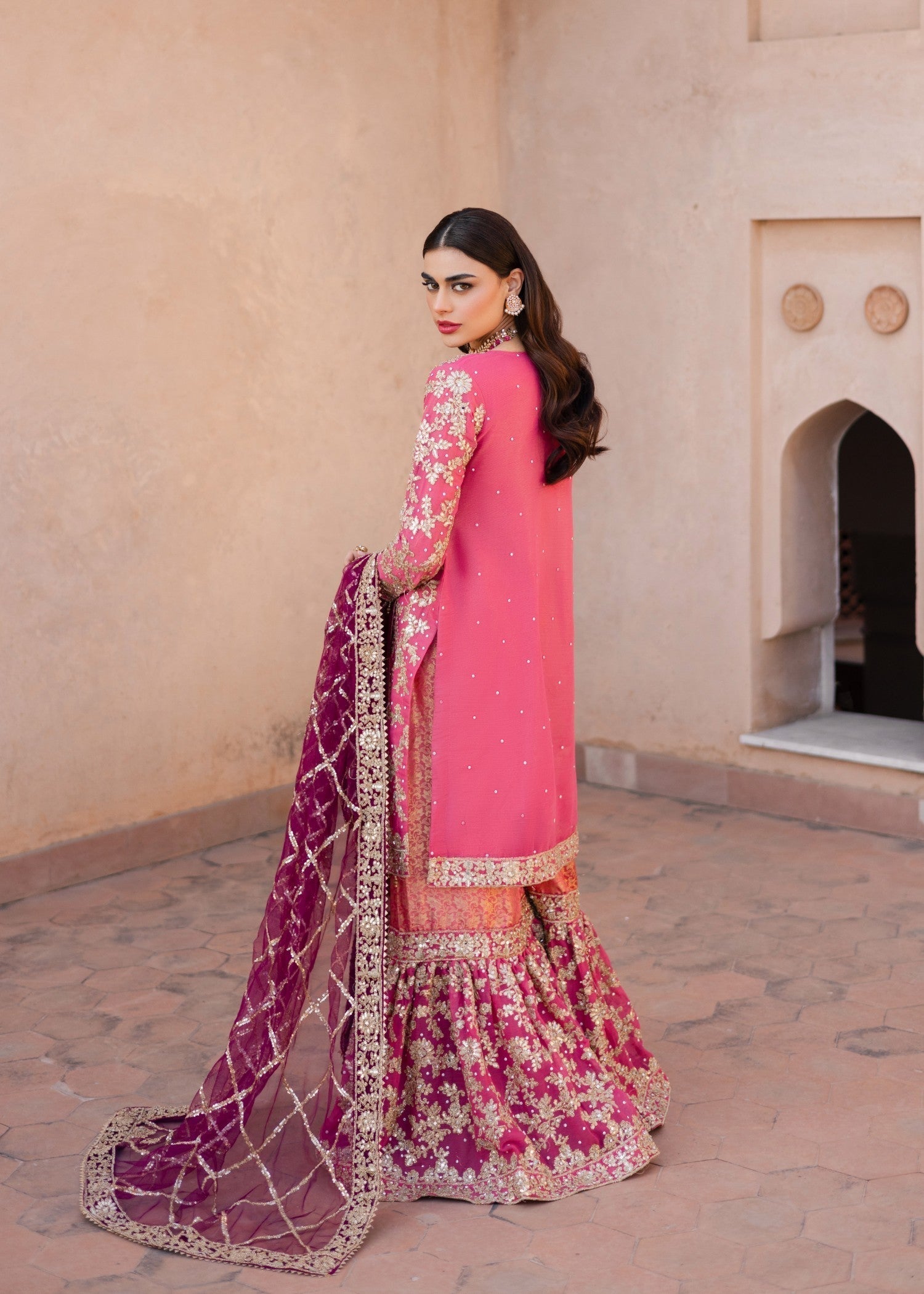 chiffon Gharara in Coral pink
