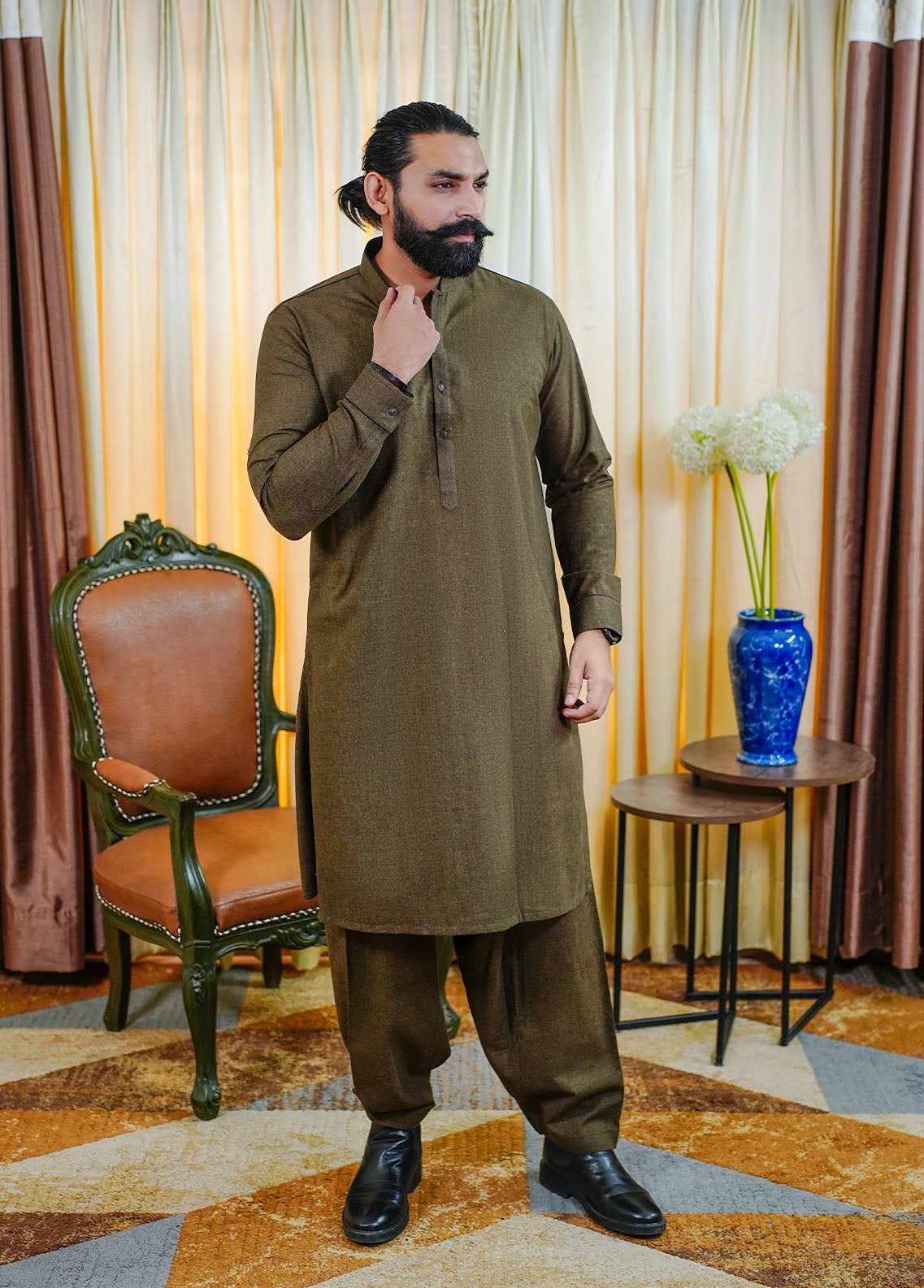 woolen karandi Shalwar Kameez in Brown
