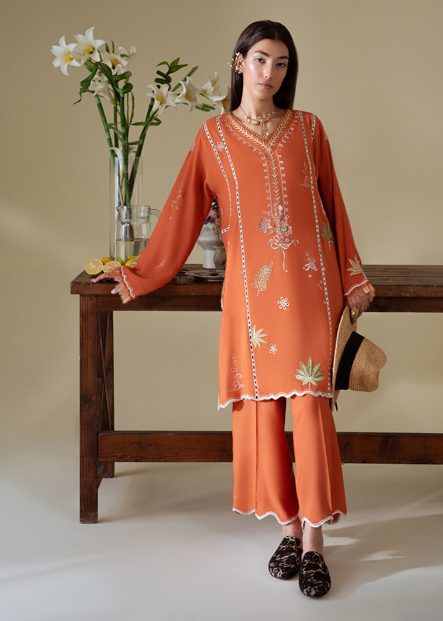 karandi Kurta Set in Burnt orange