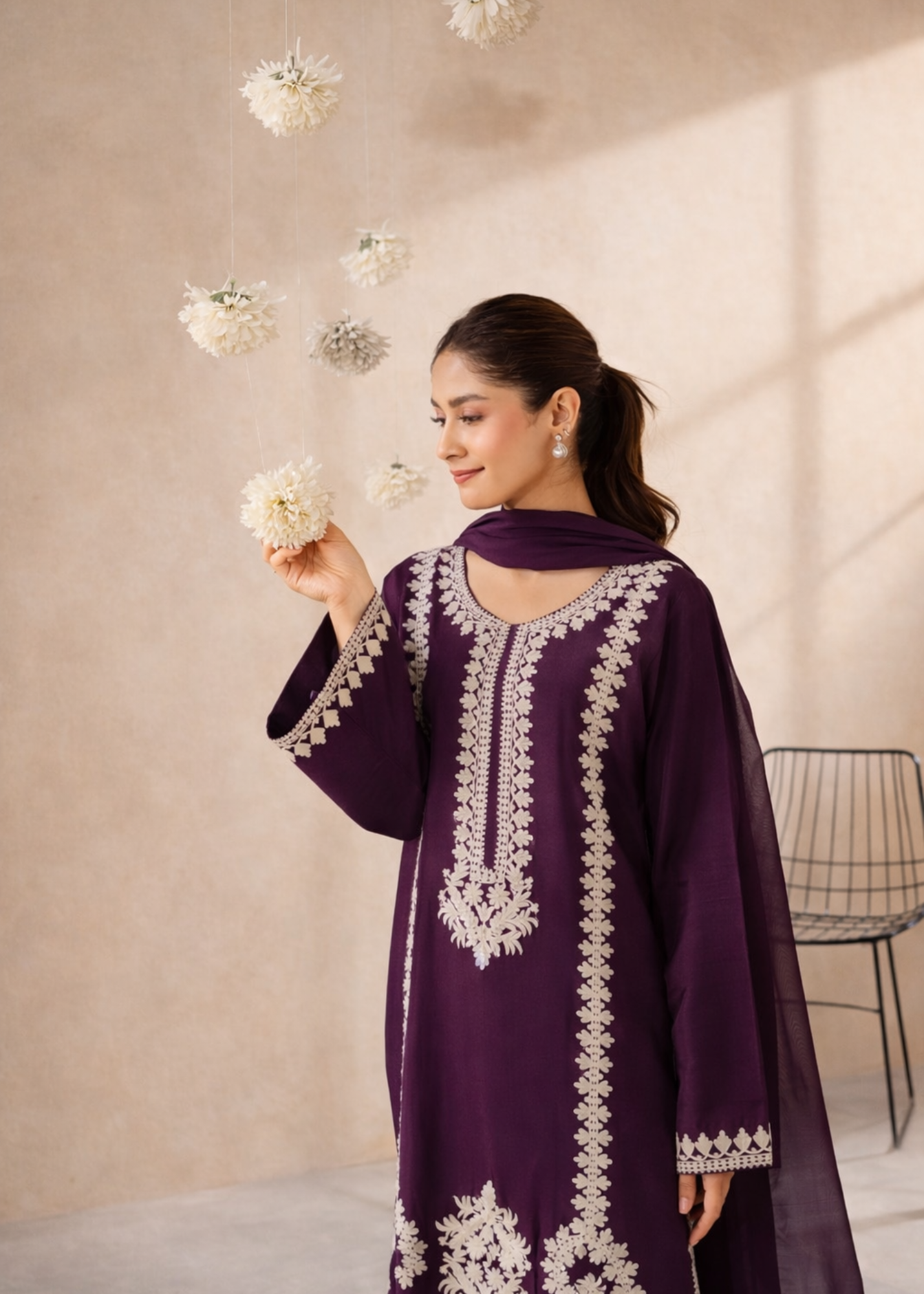 lawn cotton Kurta Set in Plum purple