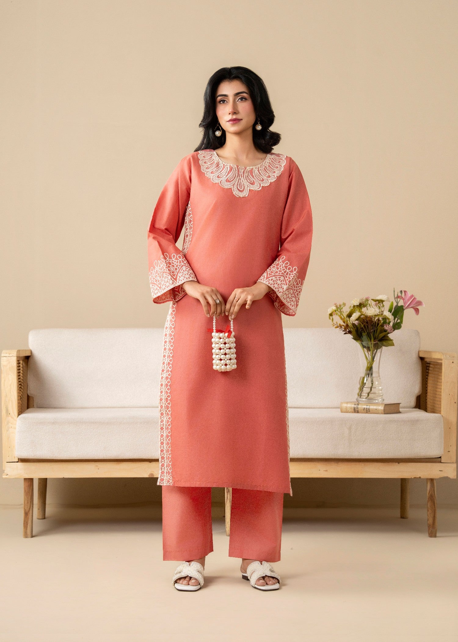 lawn cotton Kurta Set in Peach pink