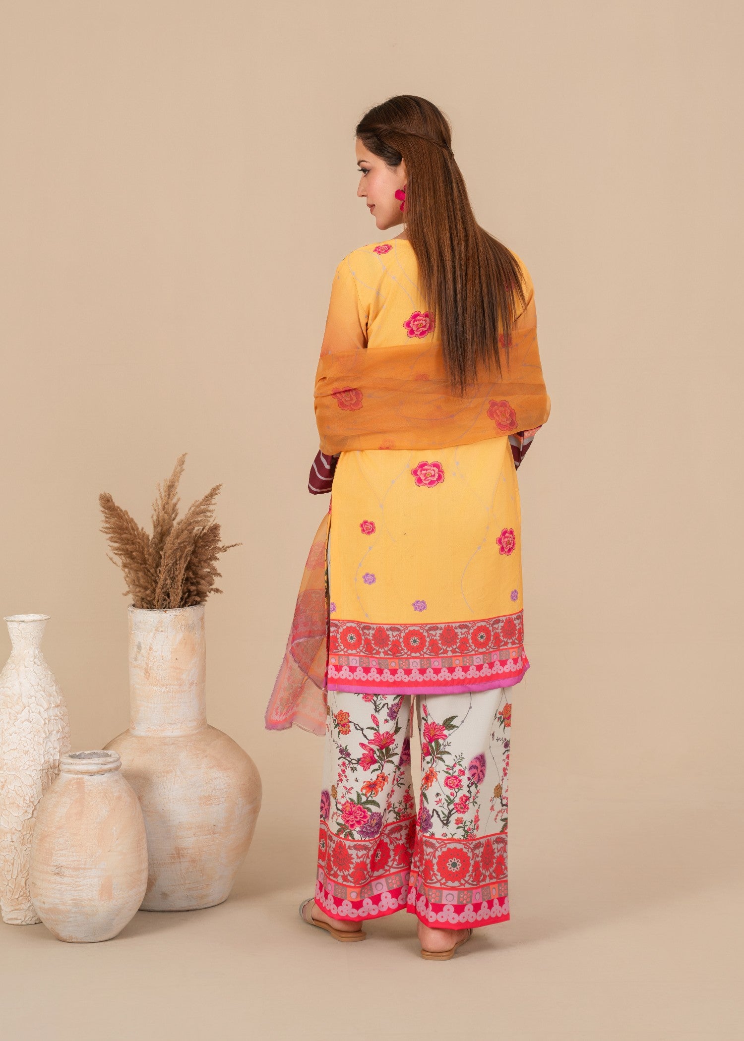 crepe Kurta Set in Yellow-orange