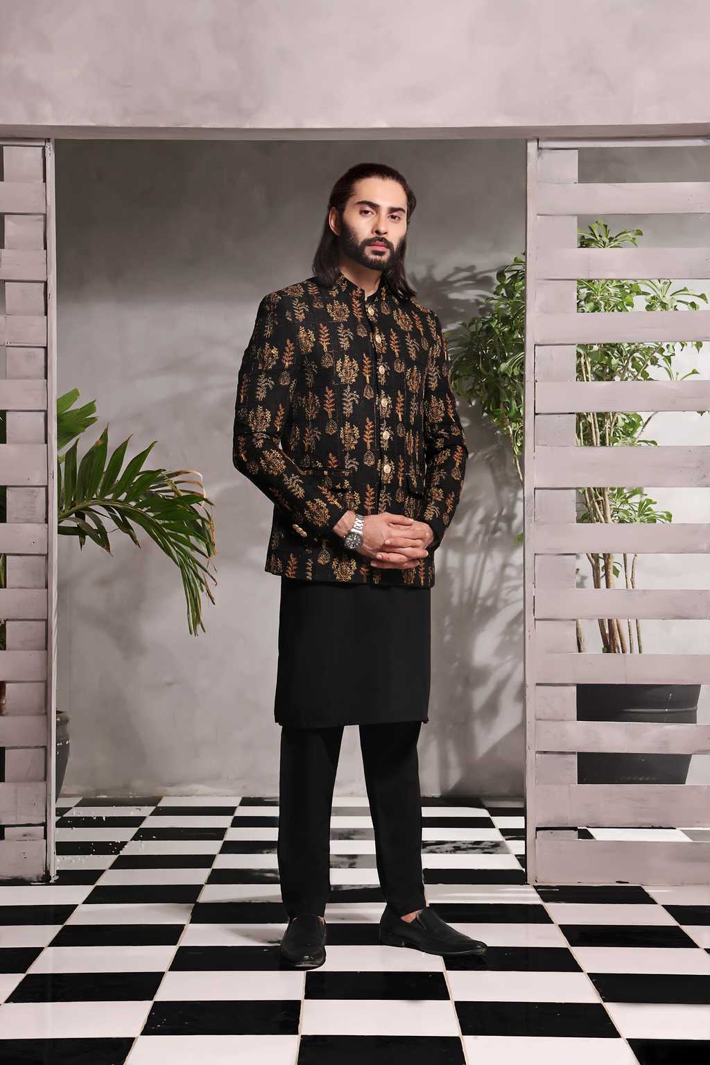 raw silk Prince Coat in Black