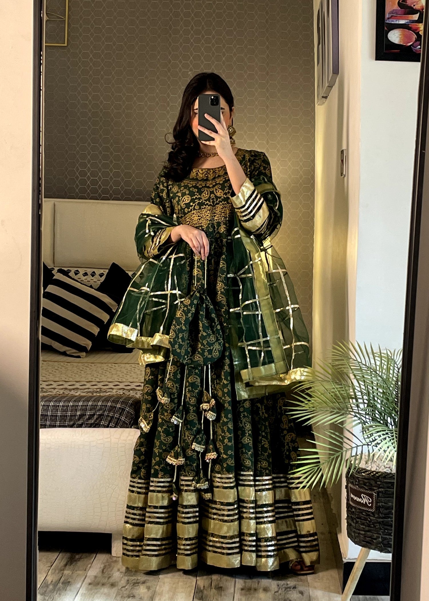 satin silk Anarkali in Bottle green