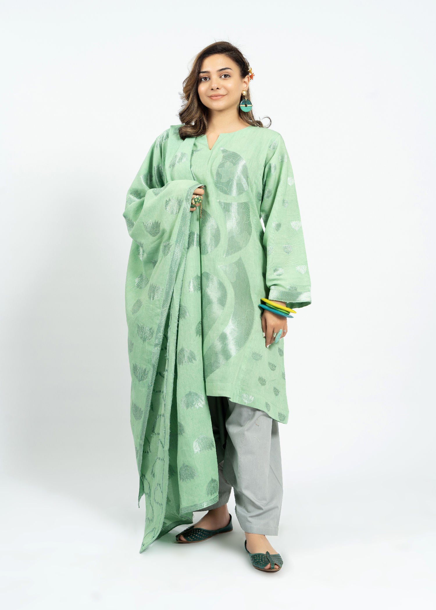 jacquard Short Frock in Green