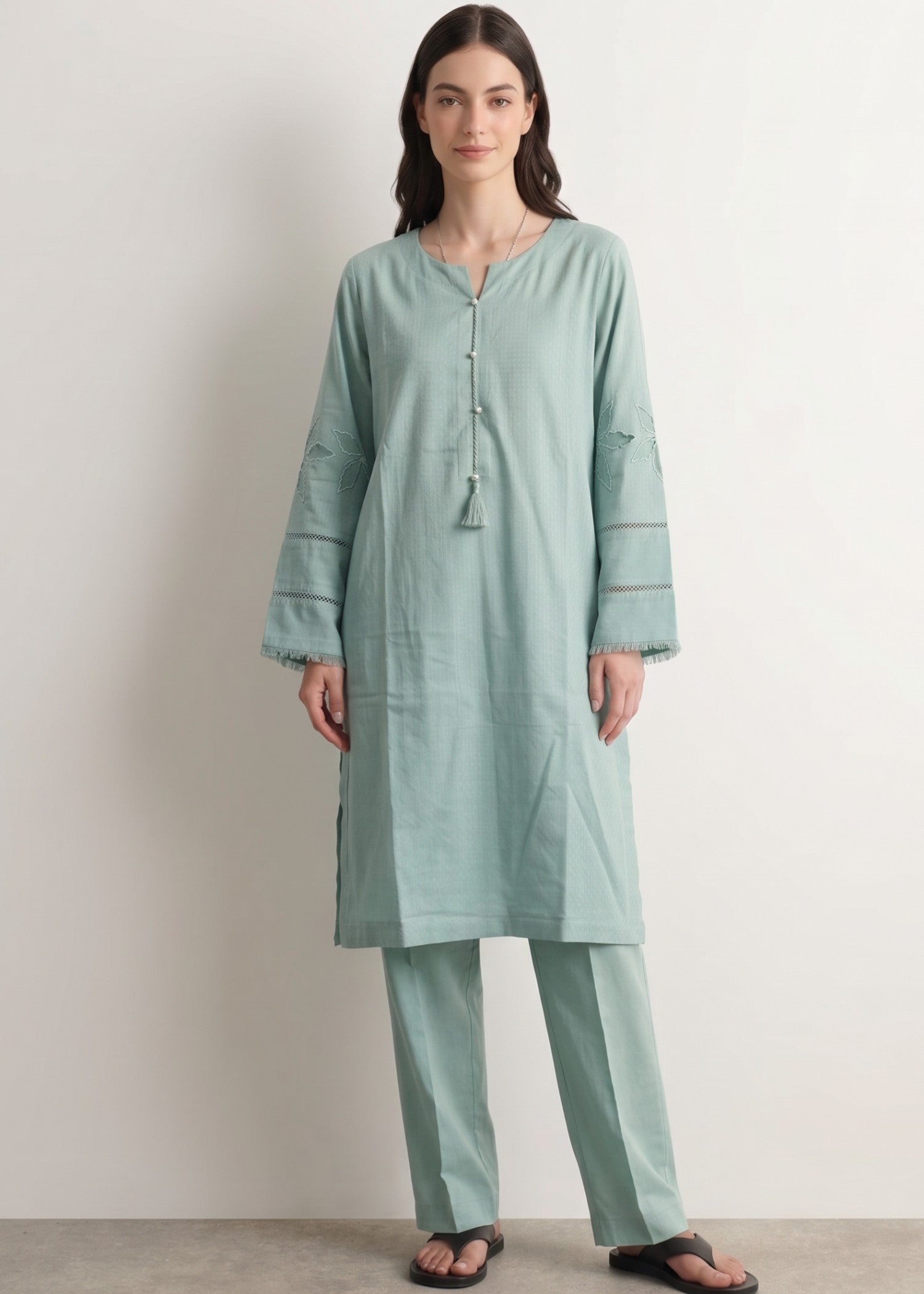 cotton jacquard Kurta Set in Mint green