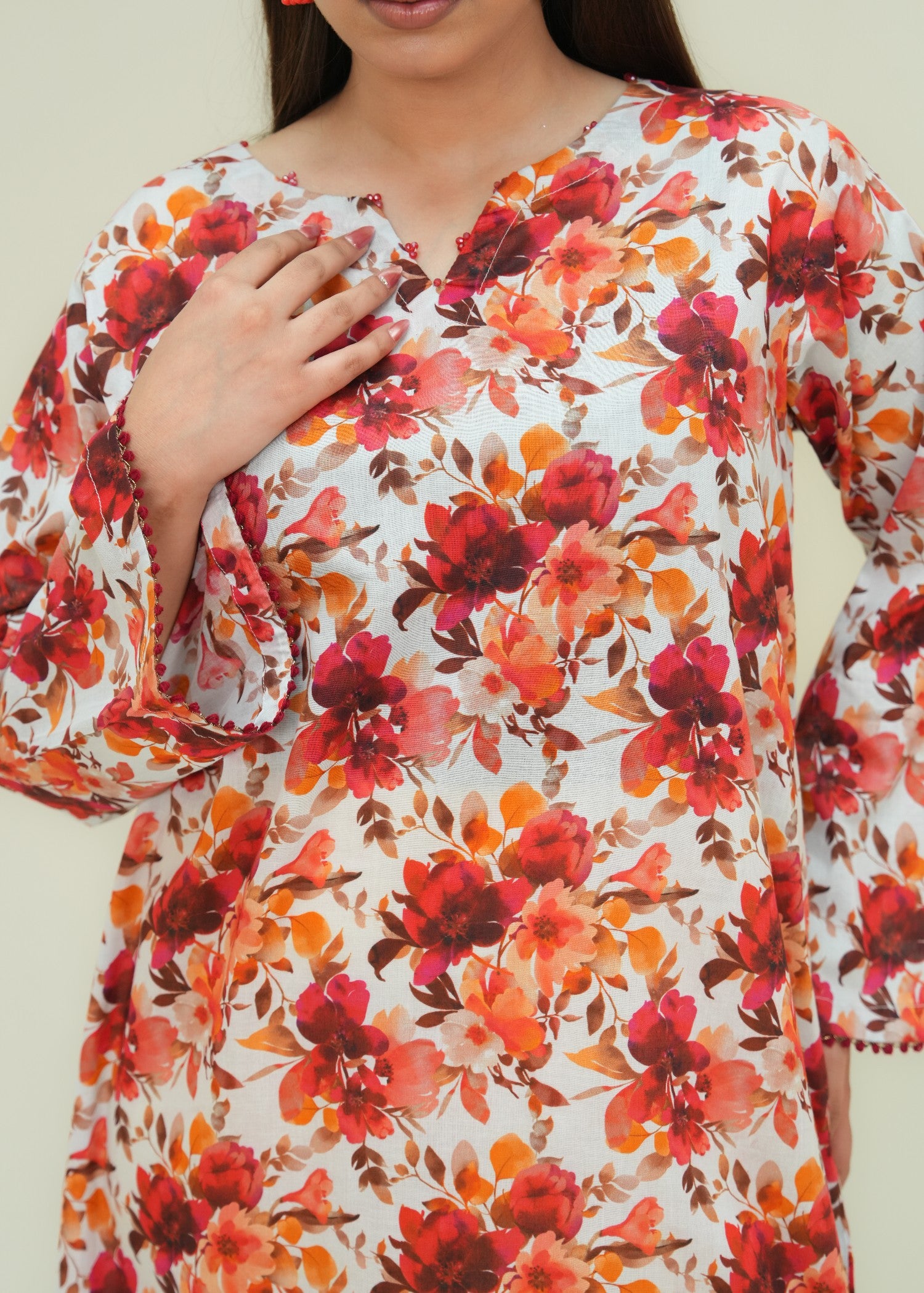 lawn Kaftan in Off-white, mari gold, rose red