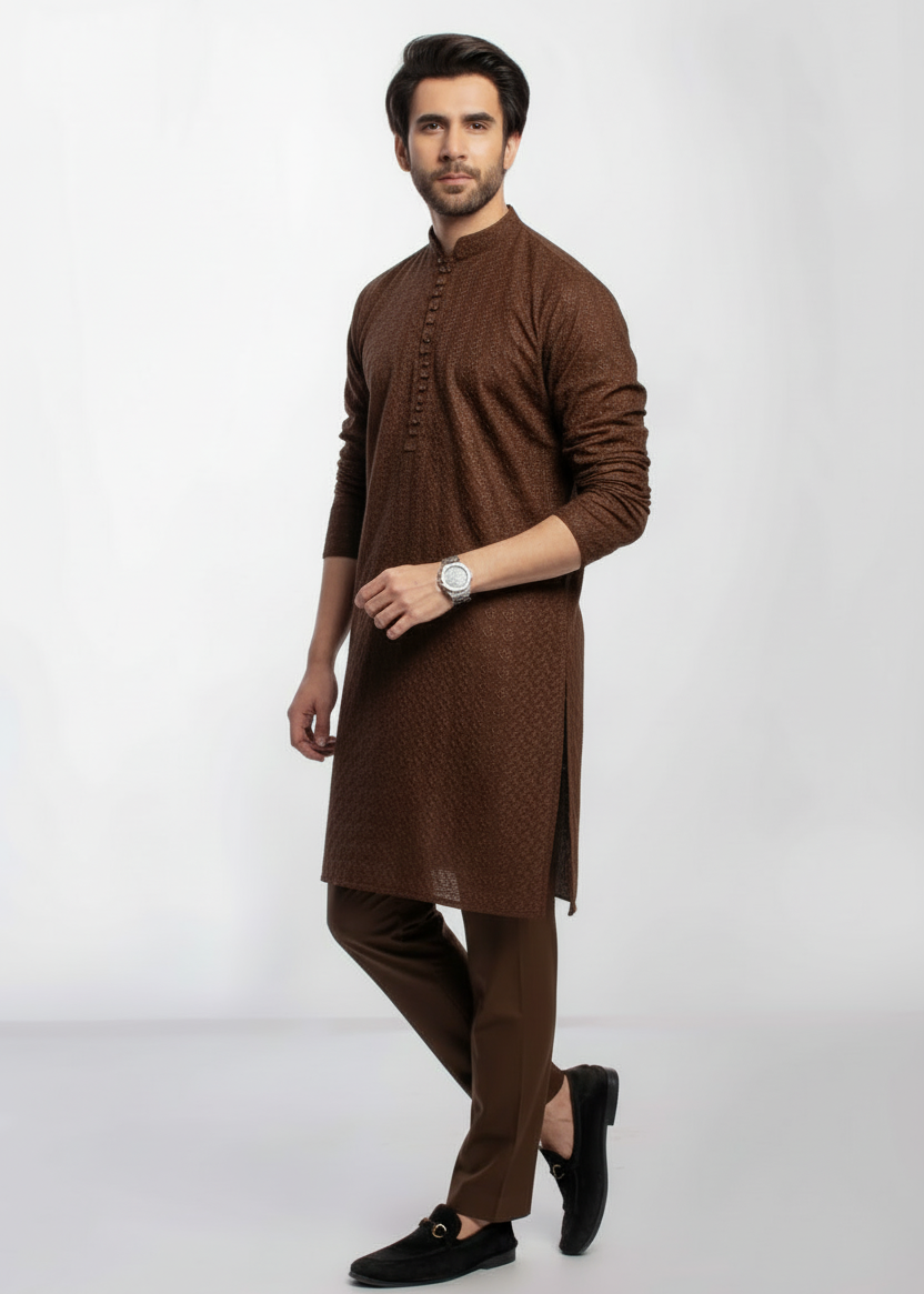 chikankari cotton Kurta Set in Chocolate brown by Decuir