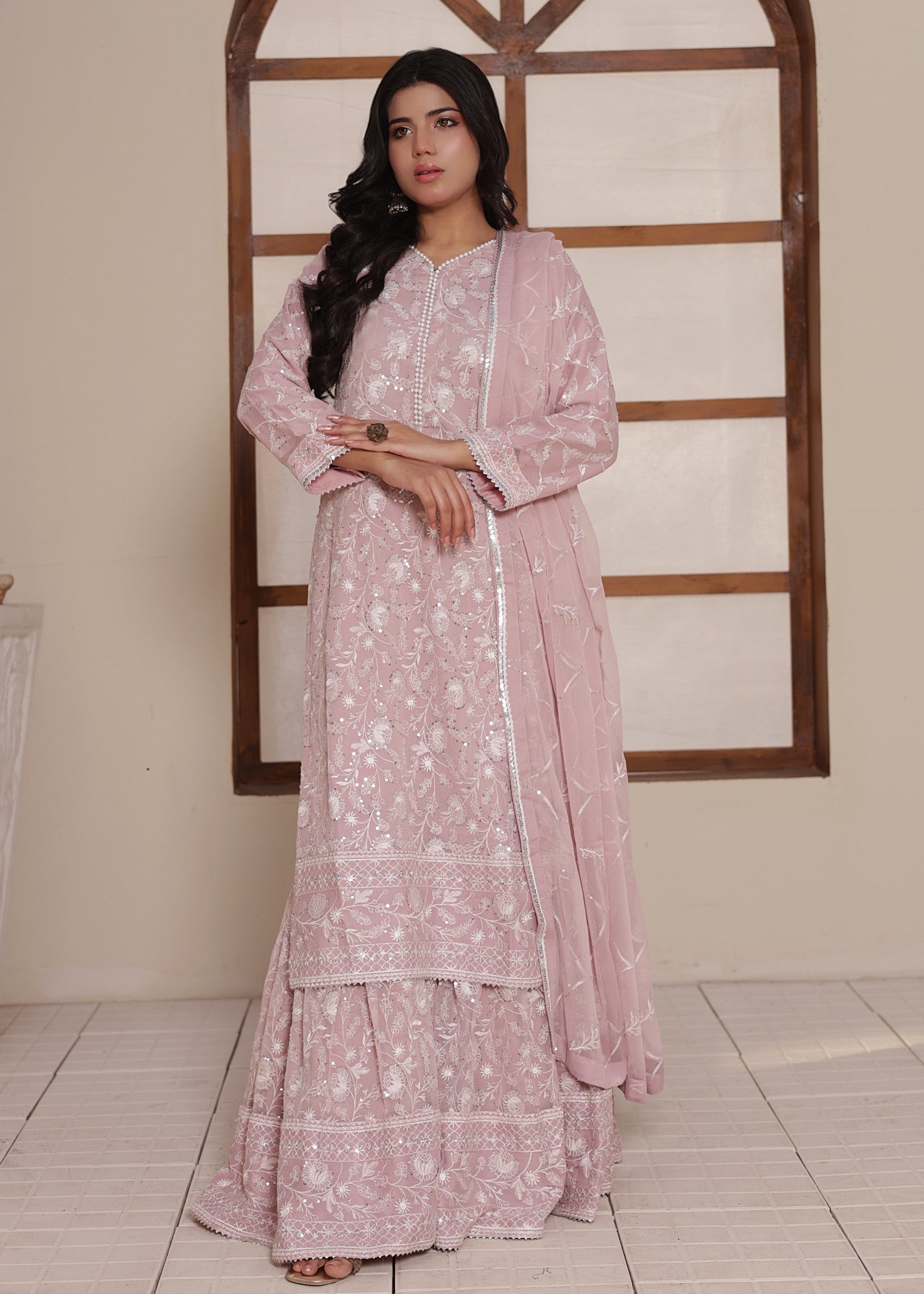 bemberg crinkle chiffon Gharara in Tea rose pink