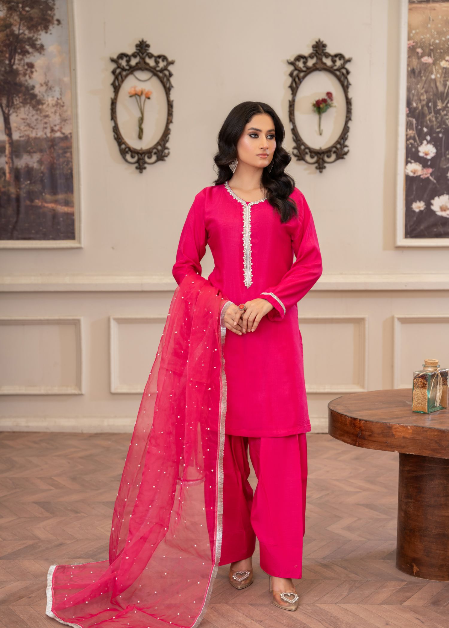 viscose thai silk Kurta Set in Shocking pink