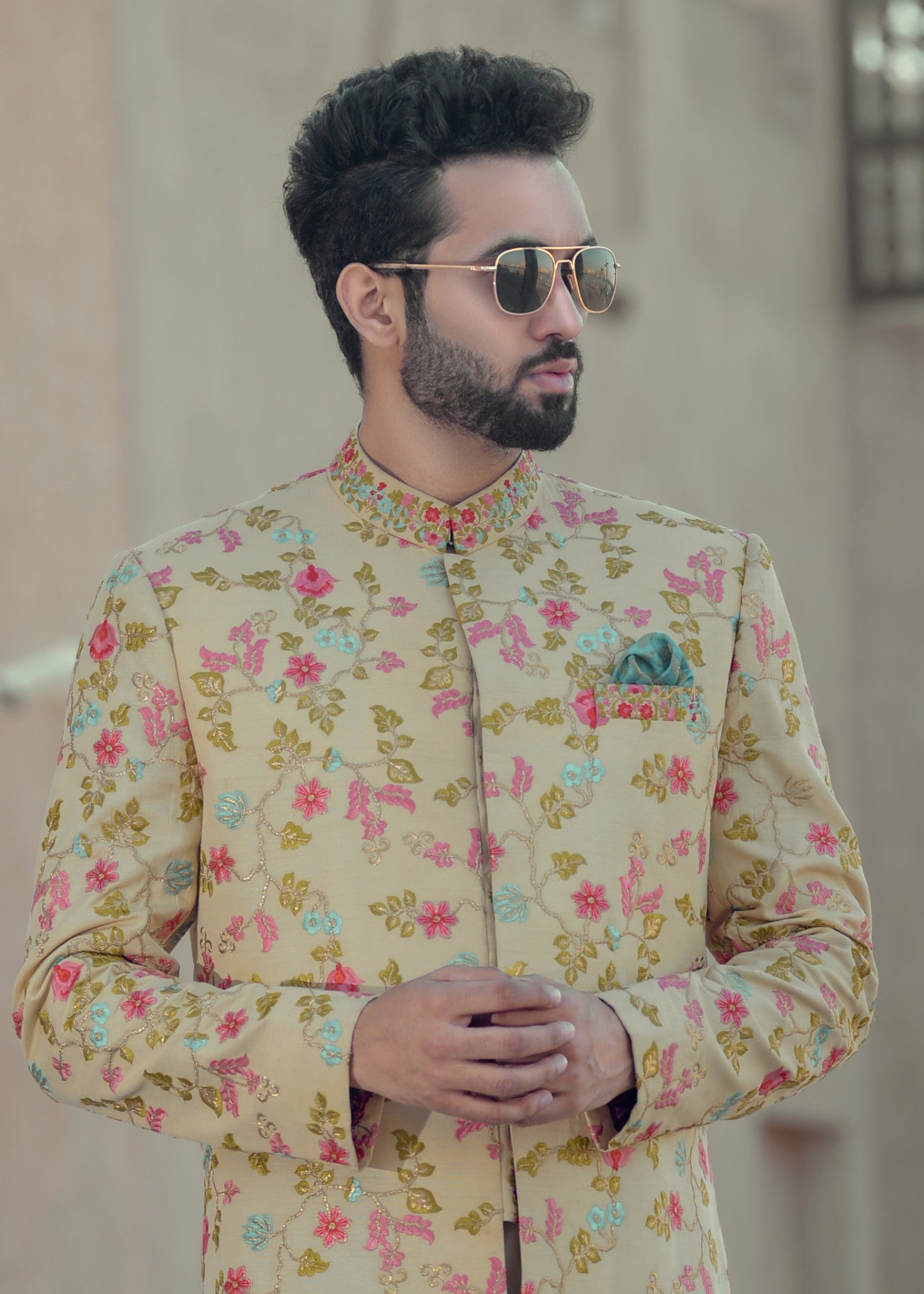 banarsi silk Sherwani in Beige
