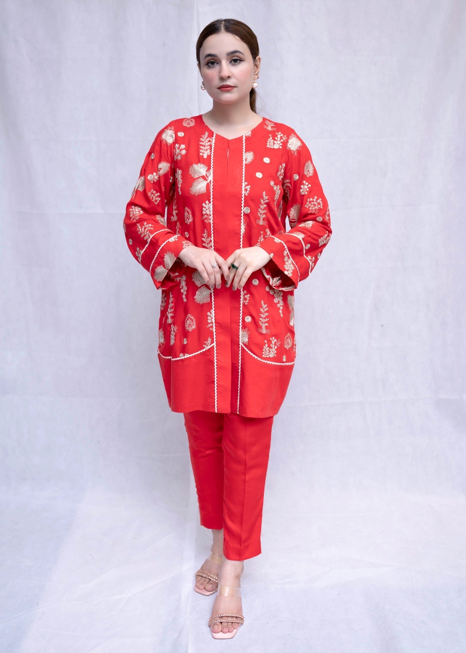 linen Kurta Set in Tomato red