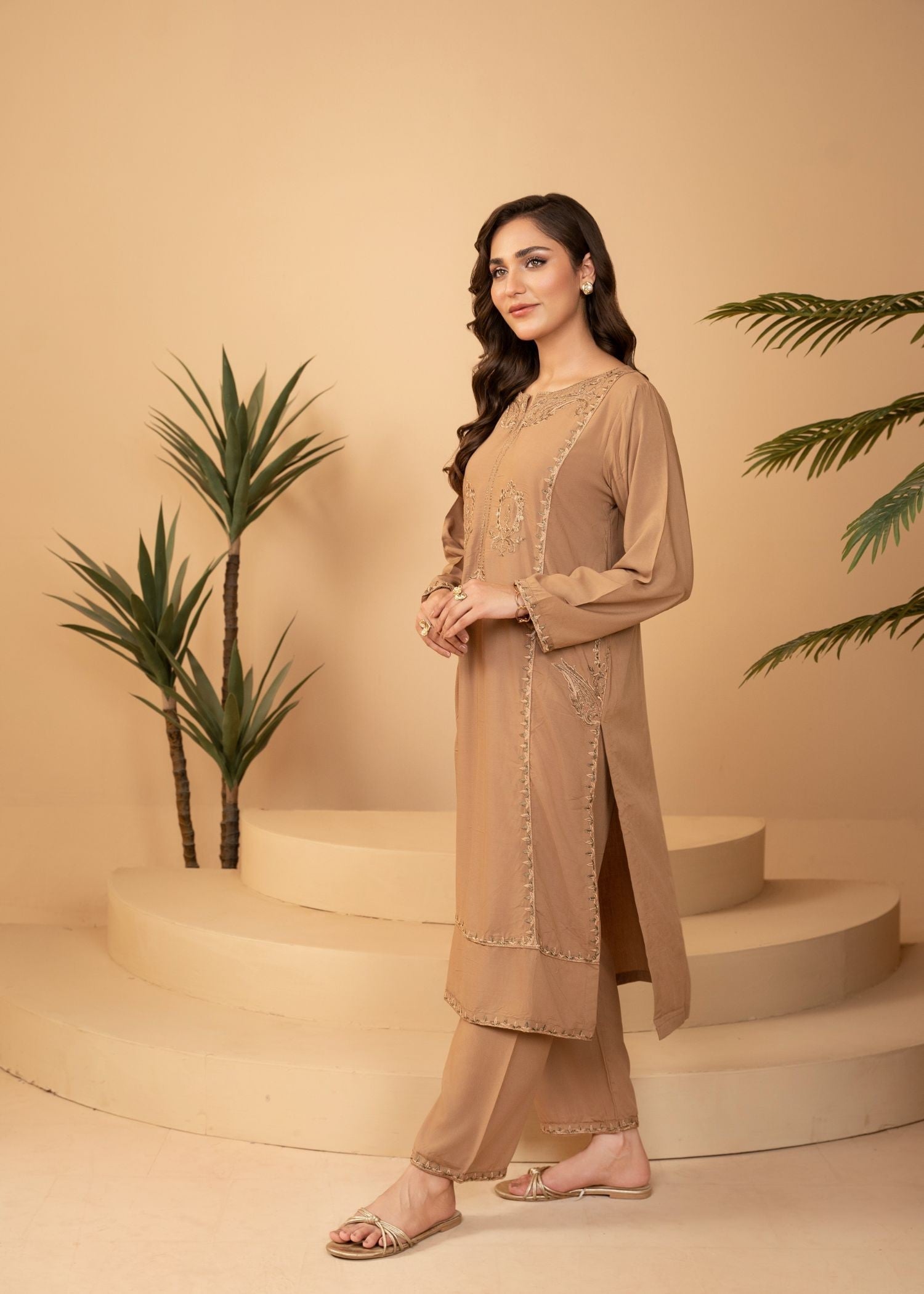 linen Kurta Set in Tan brown