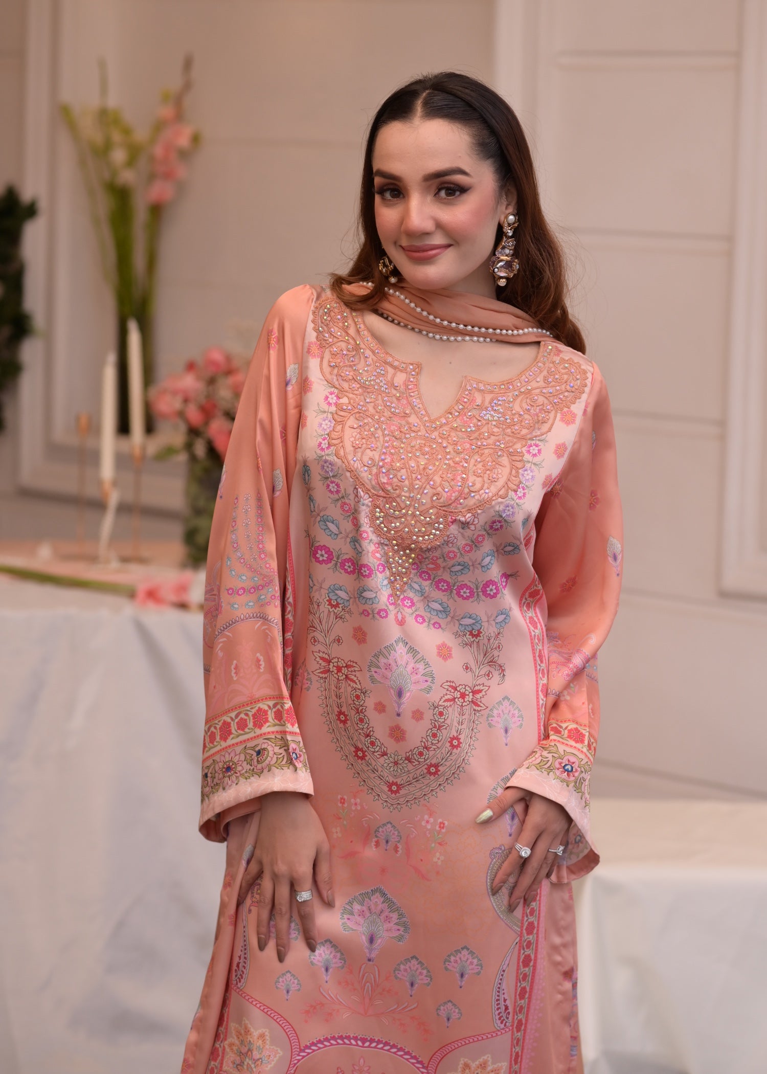 satin silk Kurta Set in Apricot orange, goldfish orange, marmalade orange
