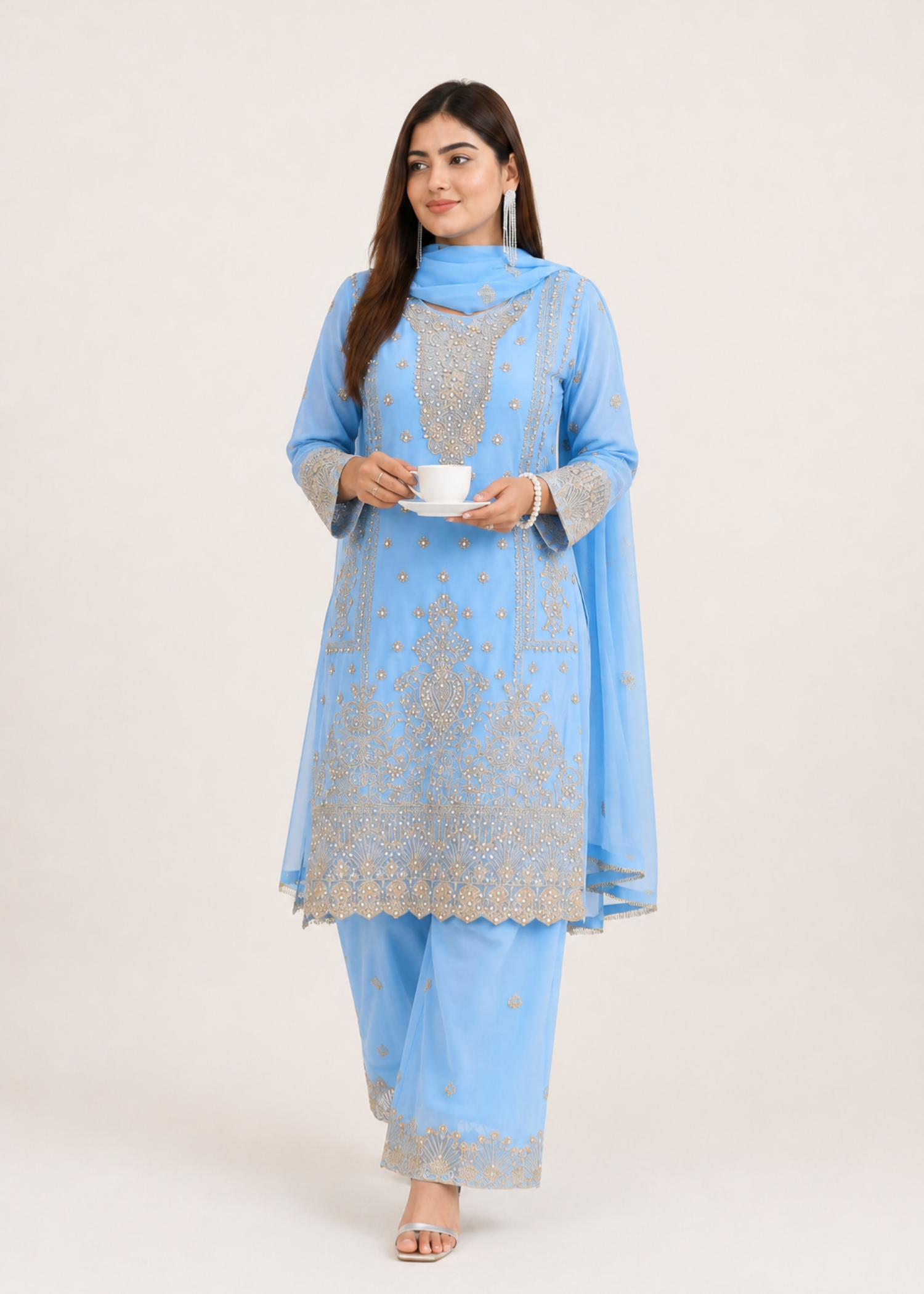 chiffon Kurta Set in Powder blue