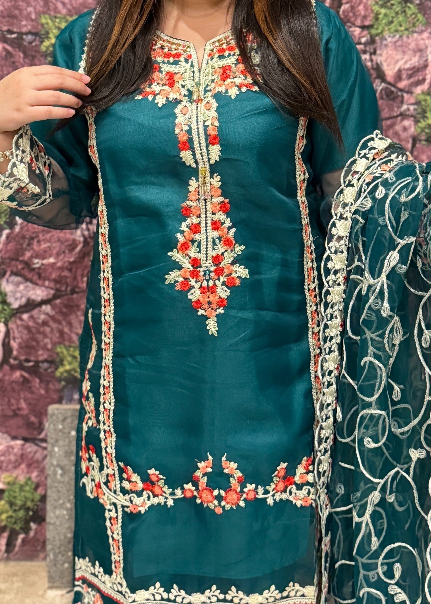 organza Kurta Set in Dark cyan