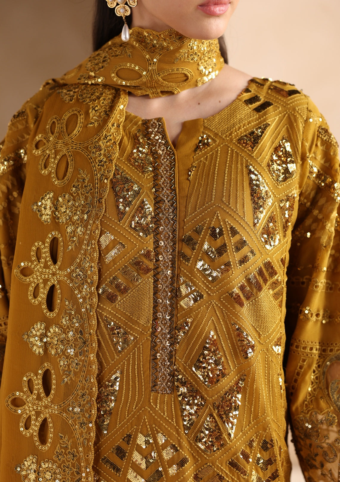 chiffon Kurta Set in Mari gold