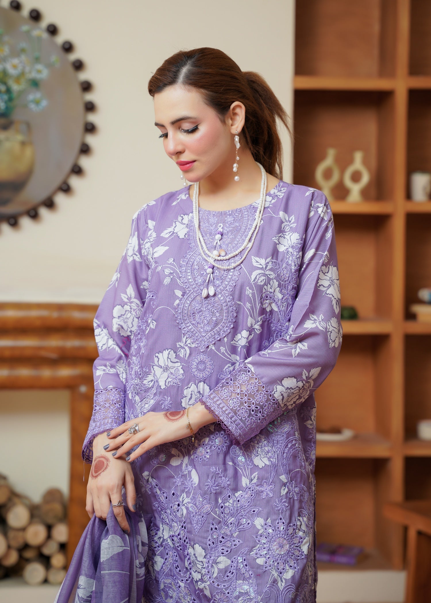 khaddi net Kurta Set in Lavender