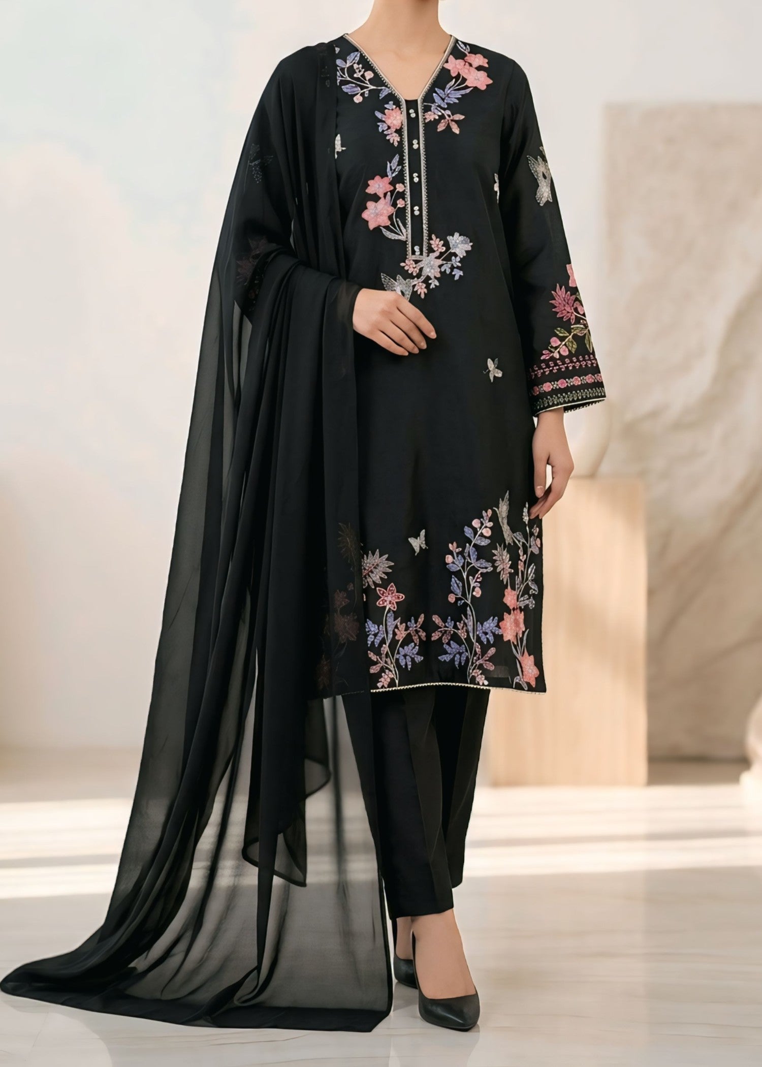 cambric cotton Kurta Set in Jet black