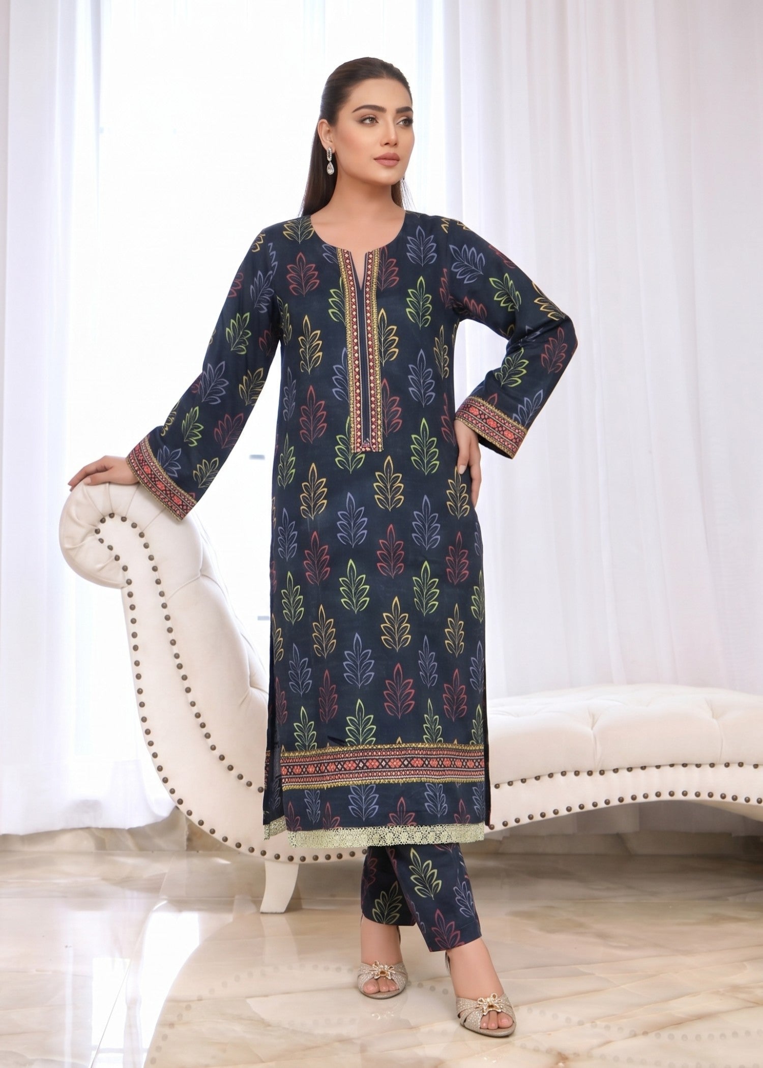 lawn Kurta Set in Prussian blue