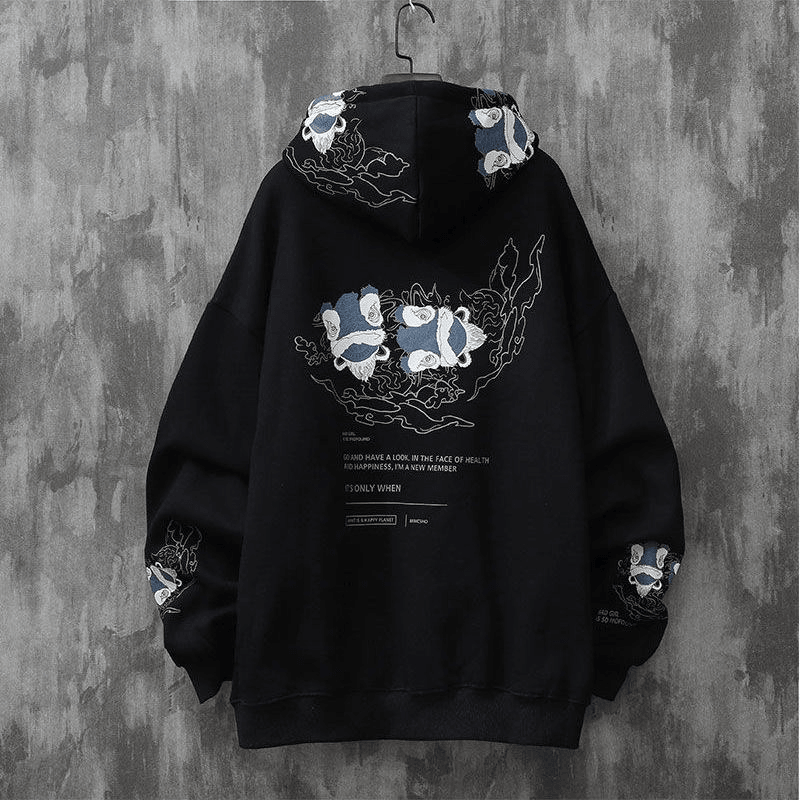 Trendy Brand Chinese Style Lion Dance Print Hooded Sweater Men
