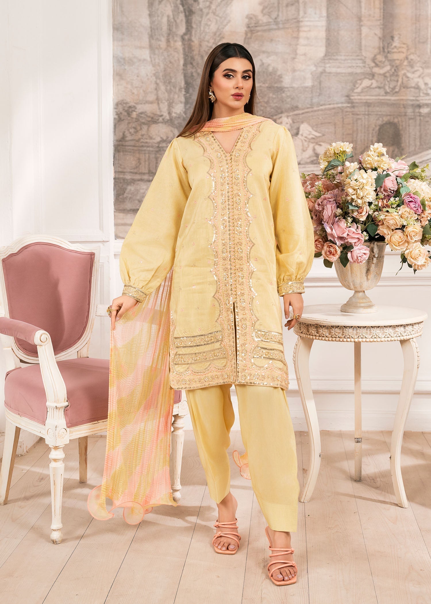 raw silk Kurta Set in Light yellow