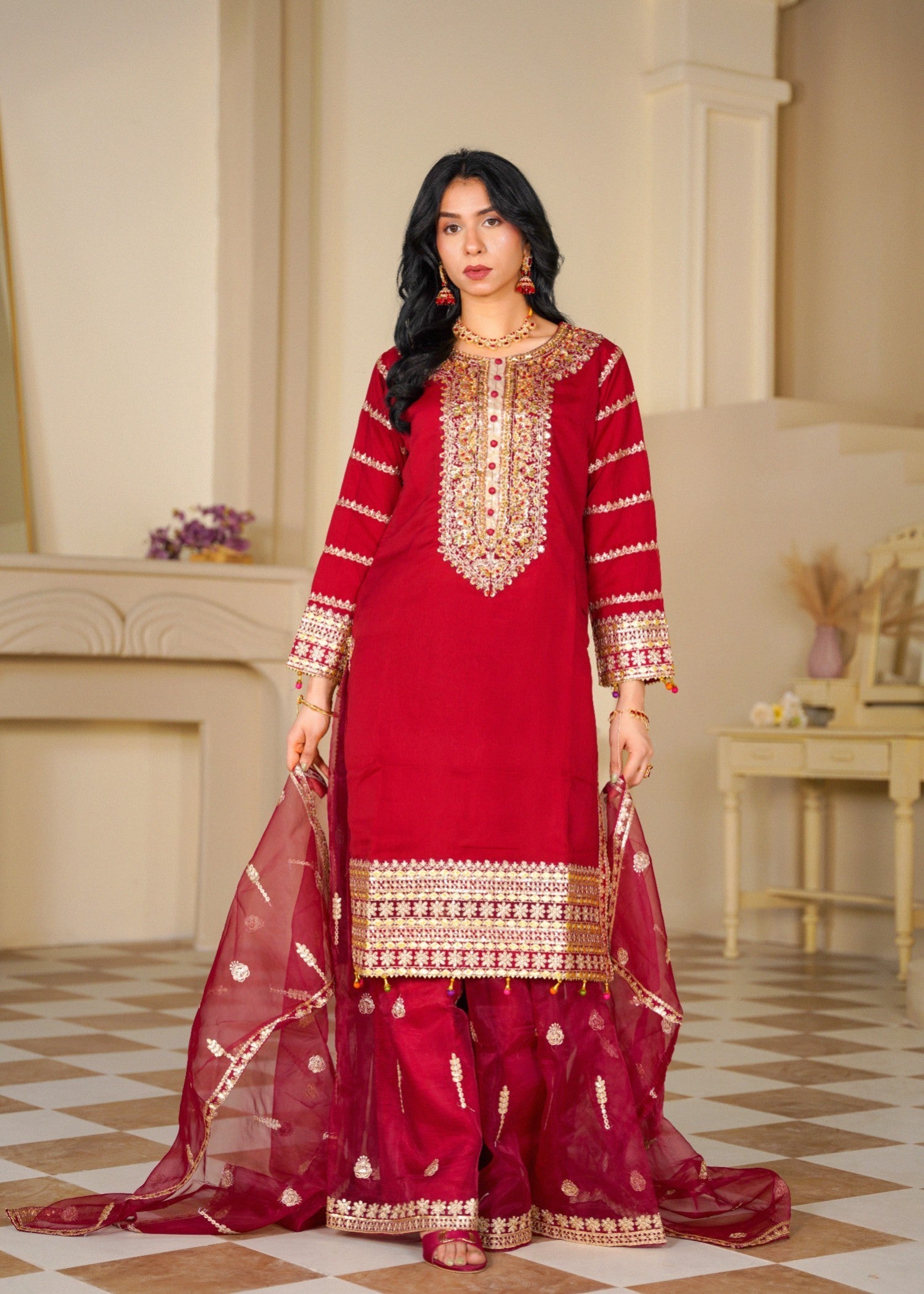chiffon Sharara in Gold, cherry red