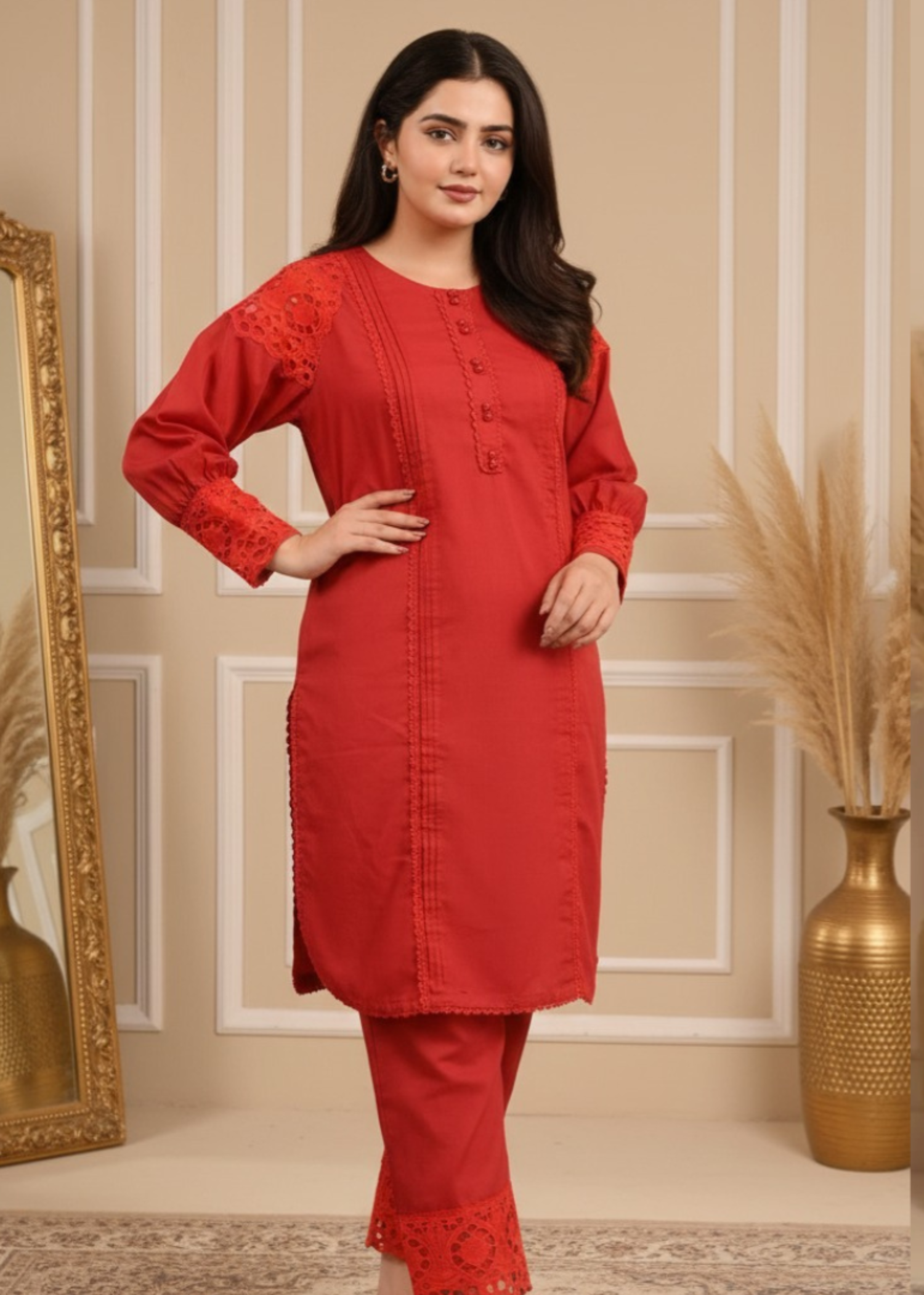 cotton Kurta Set in Red