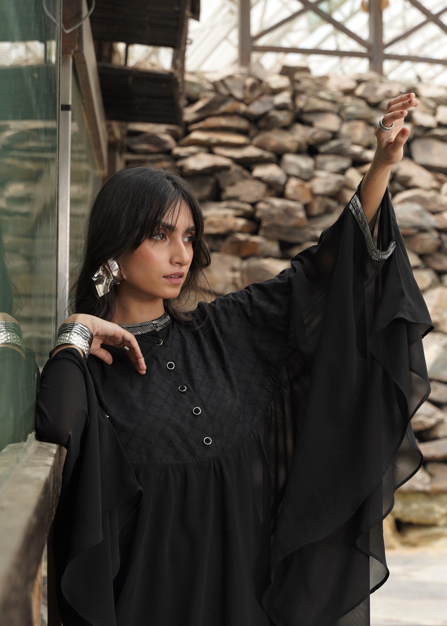 chikankari cotton Kaftan in Black